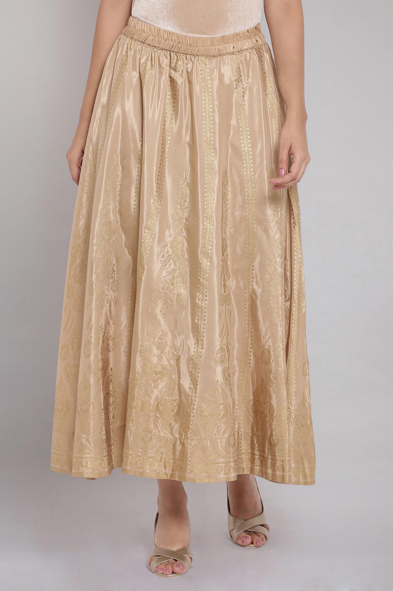 Gold Printed Flared Woven Skirt with Elasticated Waist