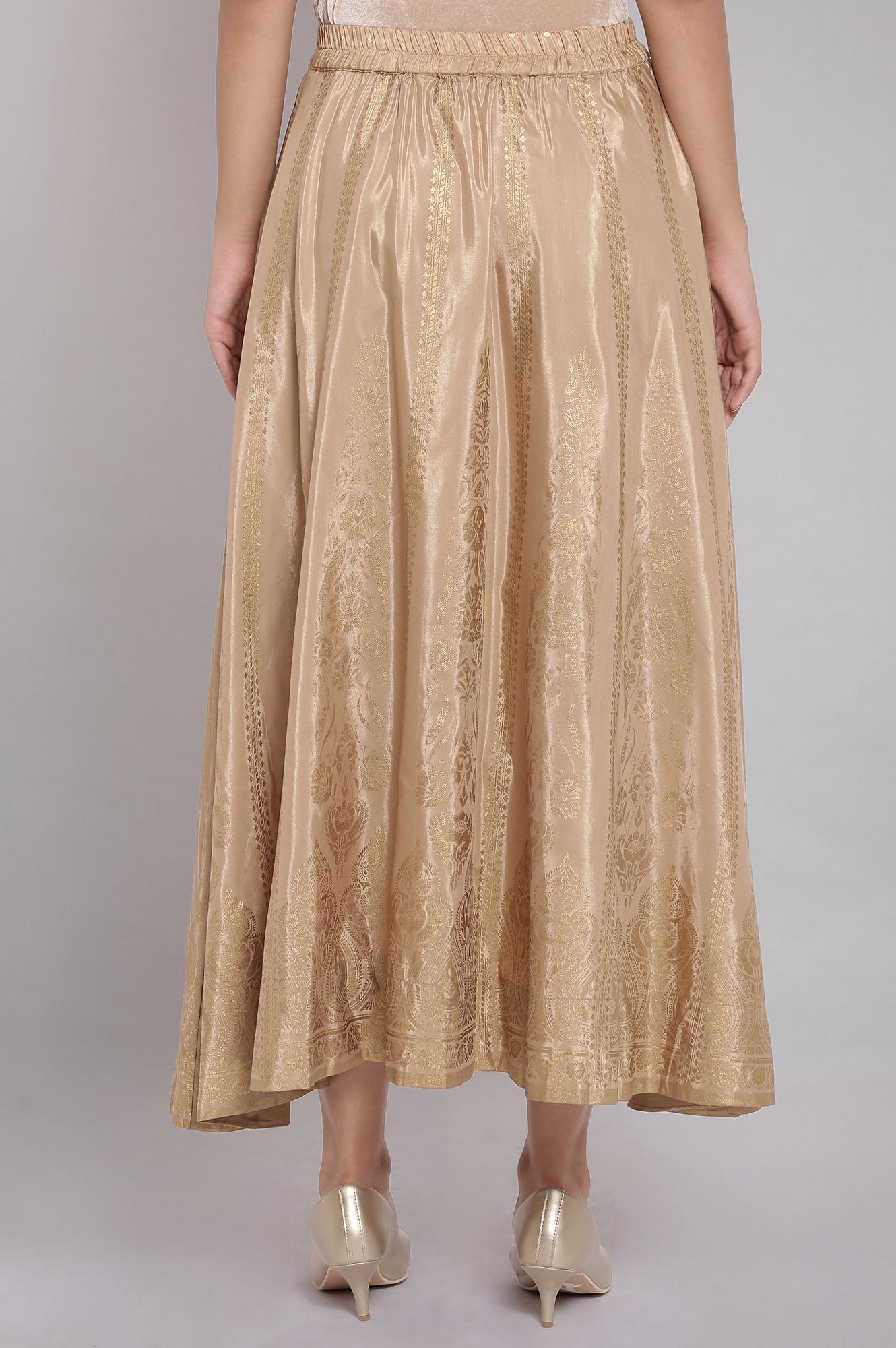 Gold Printed Flared Woven Skirt with Elasticated Waist - Image 2