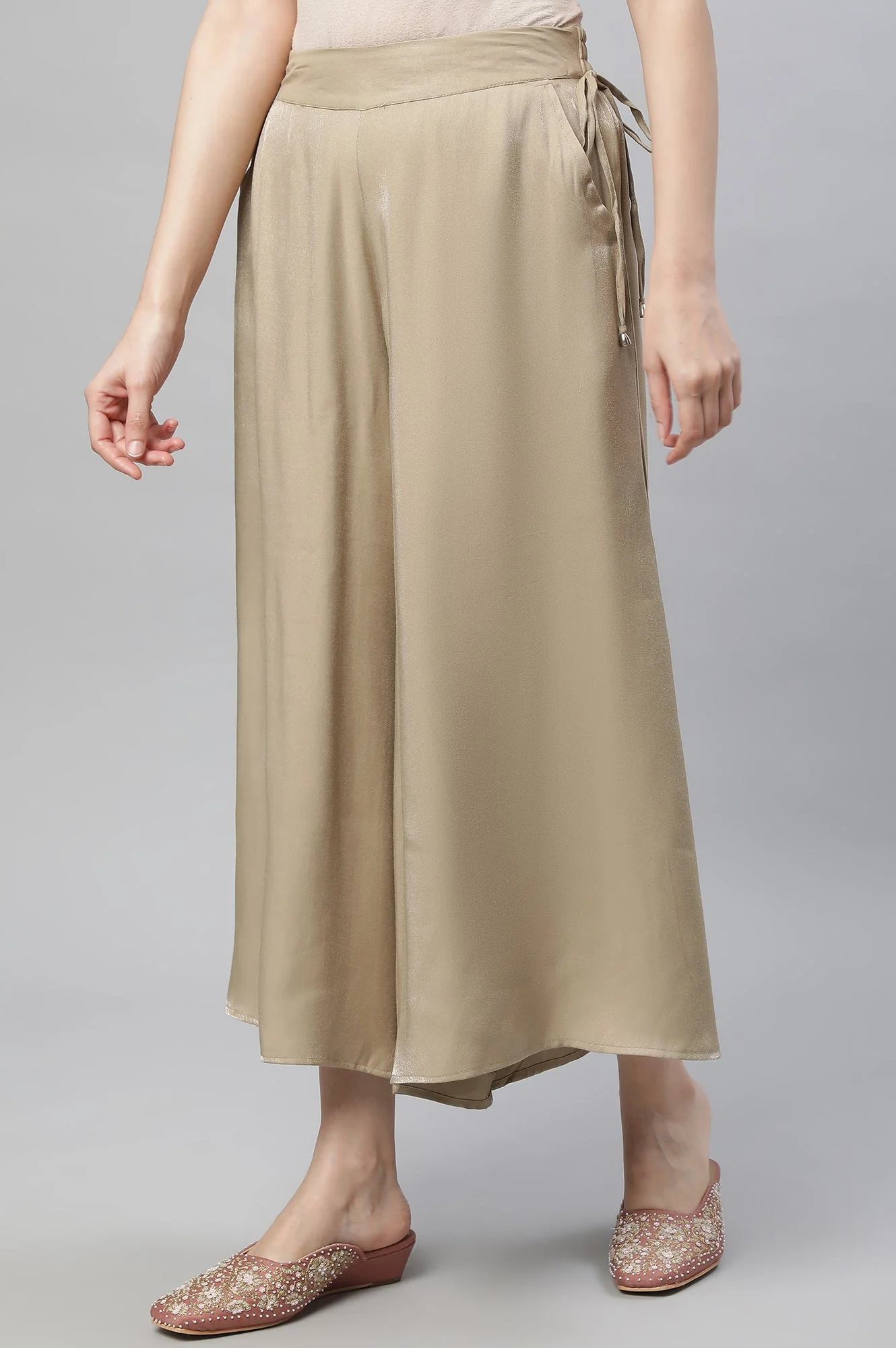 Gold Solid Flared Rayon Culottes With Slip On Closure - Image 2