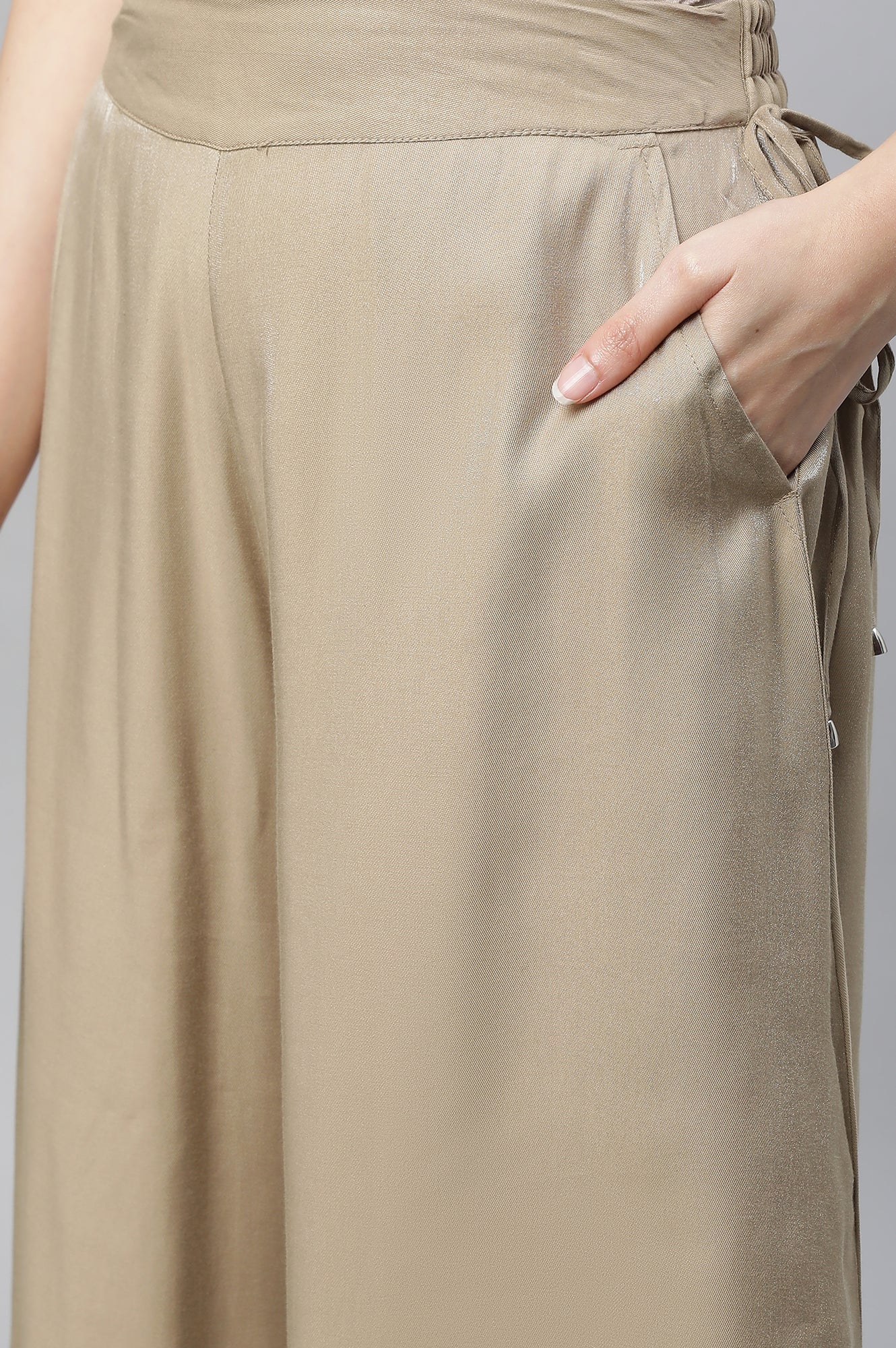 Gold Solid Flared Rayon Culottes With Slip On Closure - Image 7