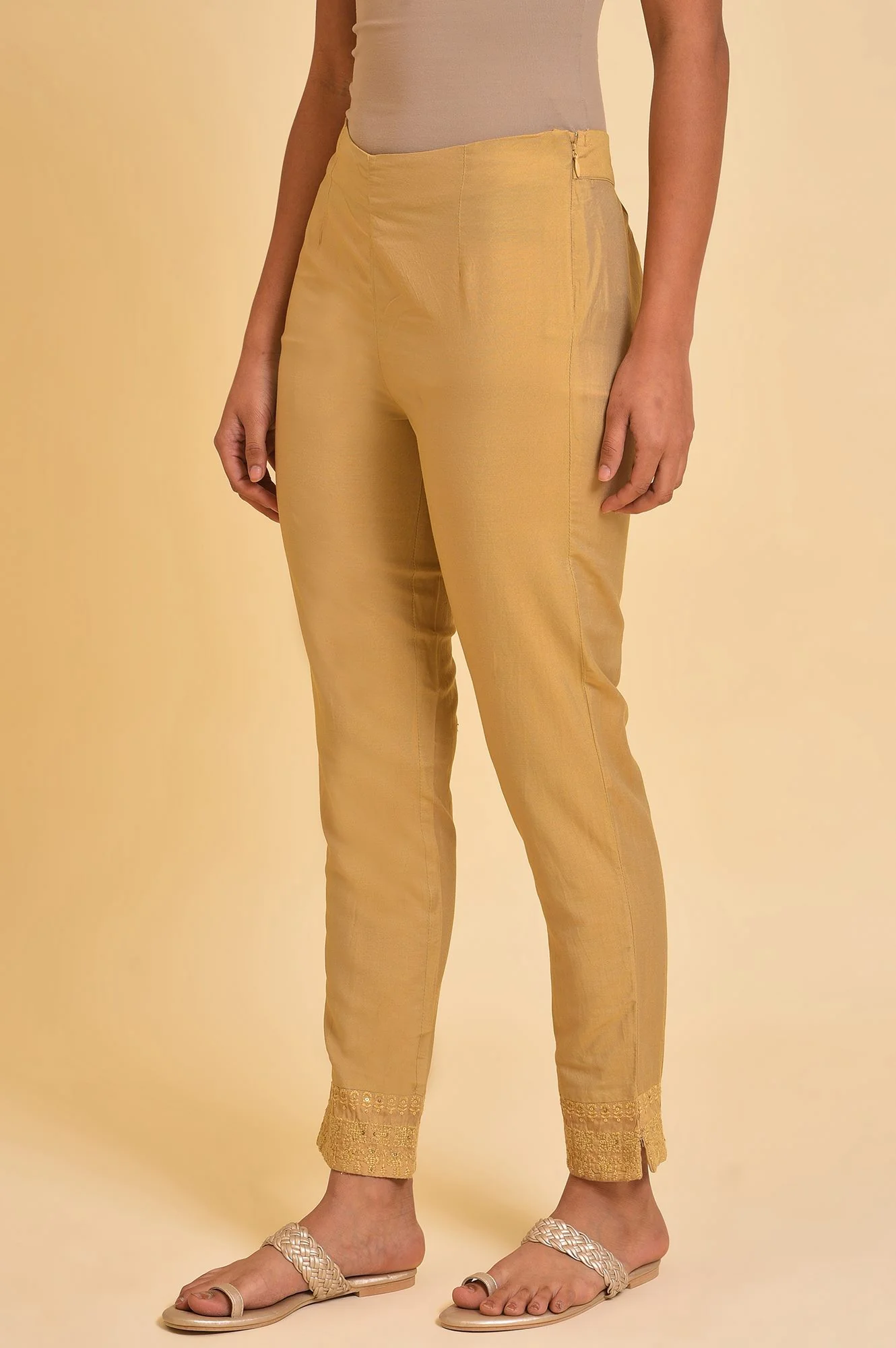 Gold Solid Light Festive Plus Size Slim Pants - Image 3