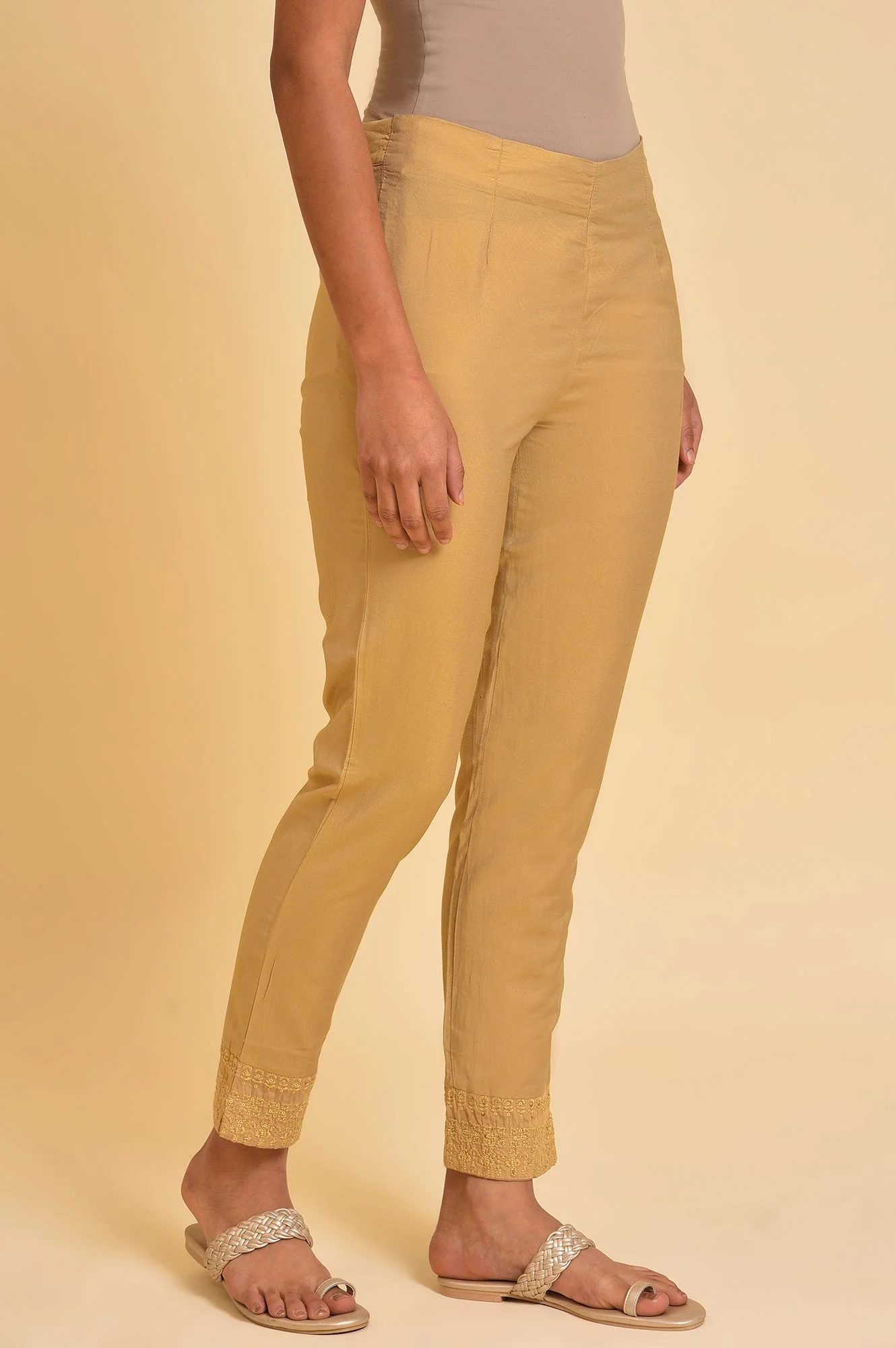 Gold Solid Light Festive Plus Size Slim Pants - Image 4