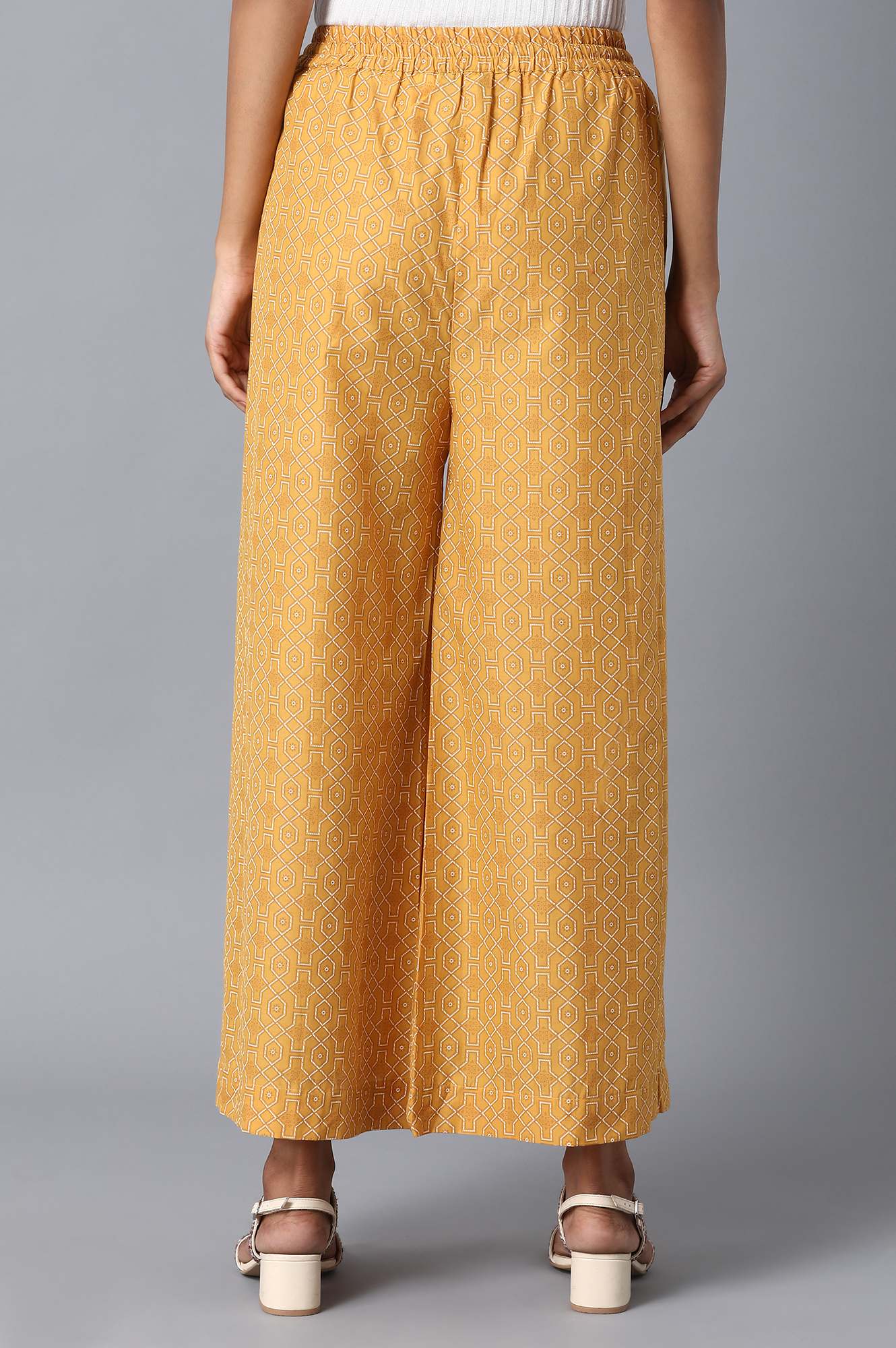 Mustard Geometric Printed Straight-fit Cotton Palazzo with Drawstring - Image 2