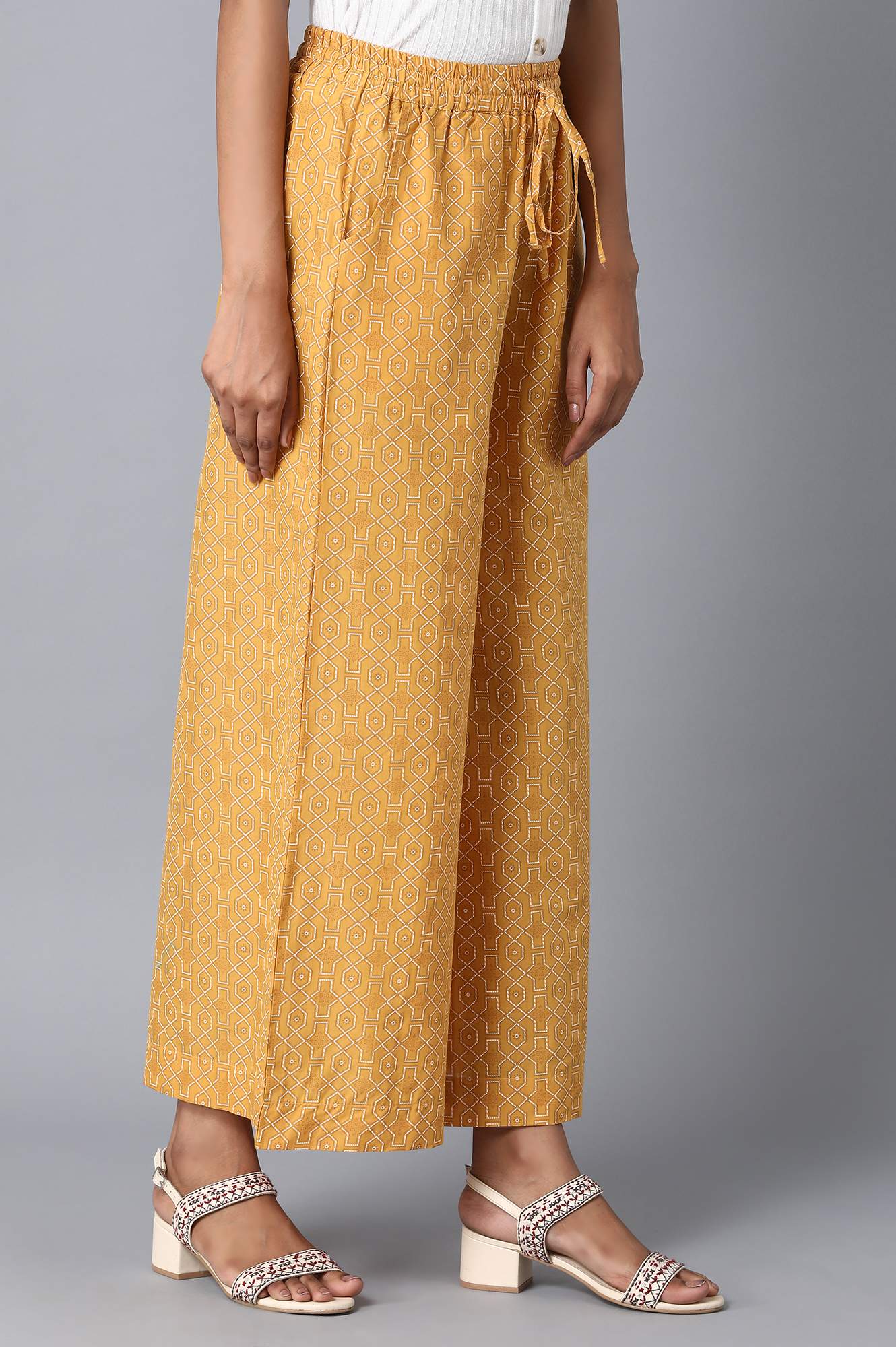 Mustard Geometric Printed Straight-fit Cotton Palazzo with Drawstring - Image 4