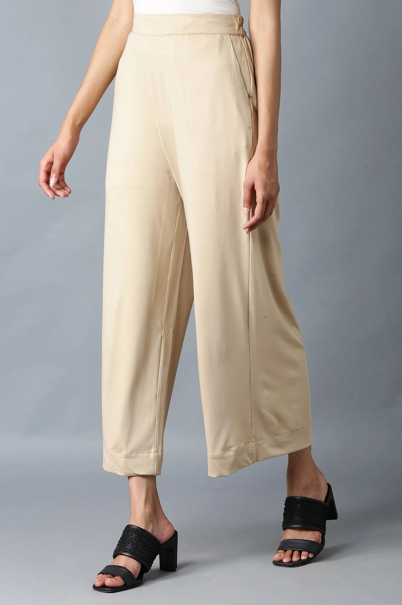 Gold Solid Straight Fit Palazzo With Side Pockets - Image 6