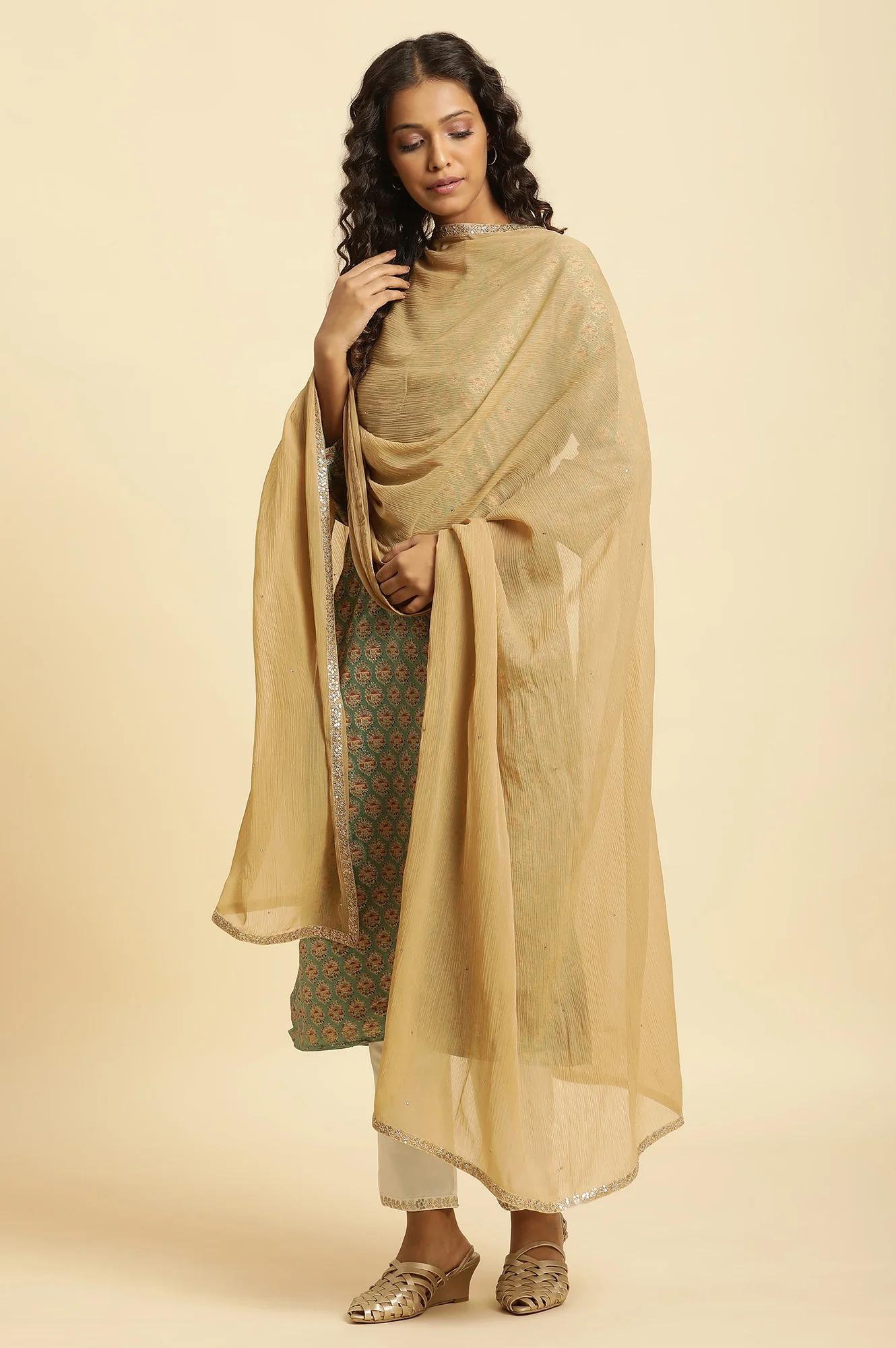 Golden Chiffon Dupatta With Sequin Border - Image 3