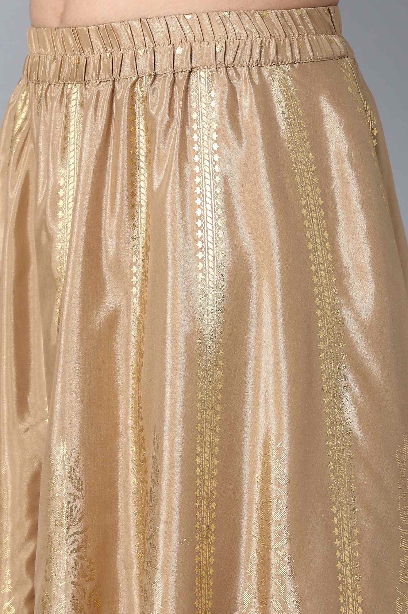 Gold Printed Flared Silk Skirt With Elasticated Waist - Image 6
