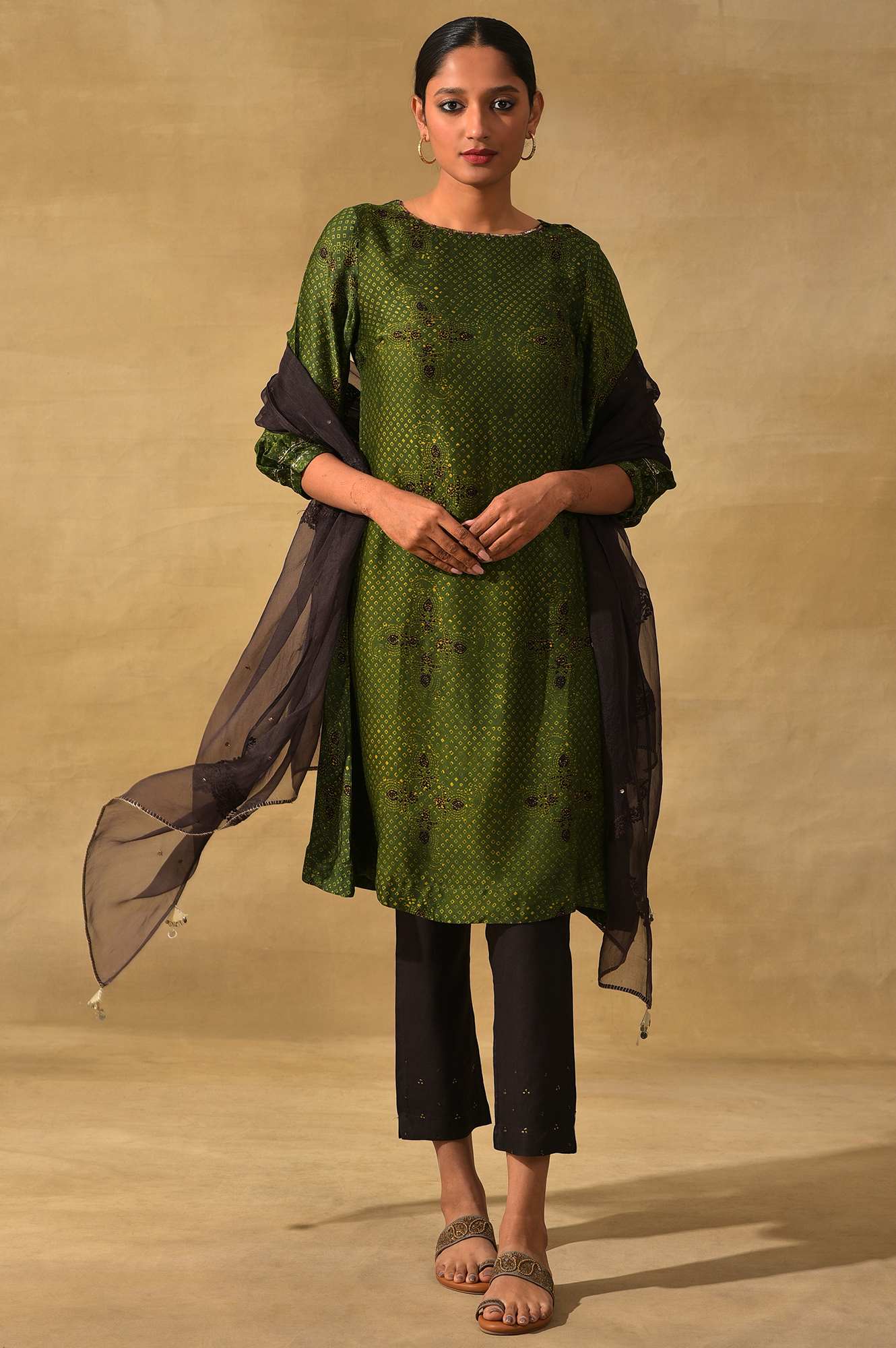 Green Ajrakh Print kurta In Modal Satin - Image 6