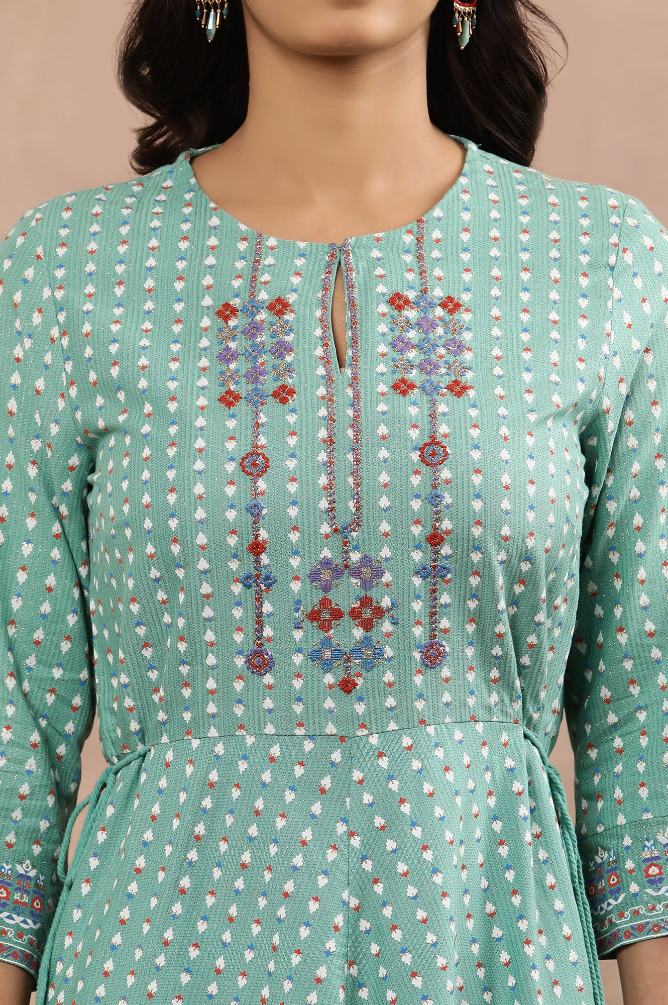 Green Asymmetrical Printed Kurta And Churidar Set - Image 6