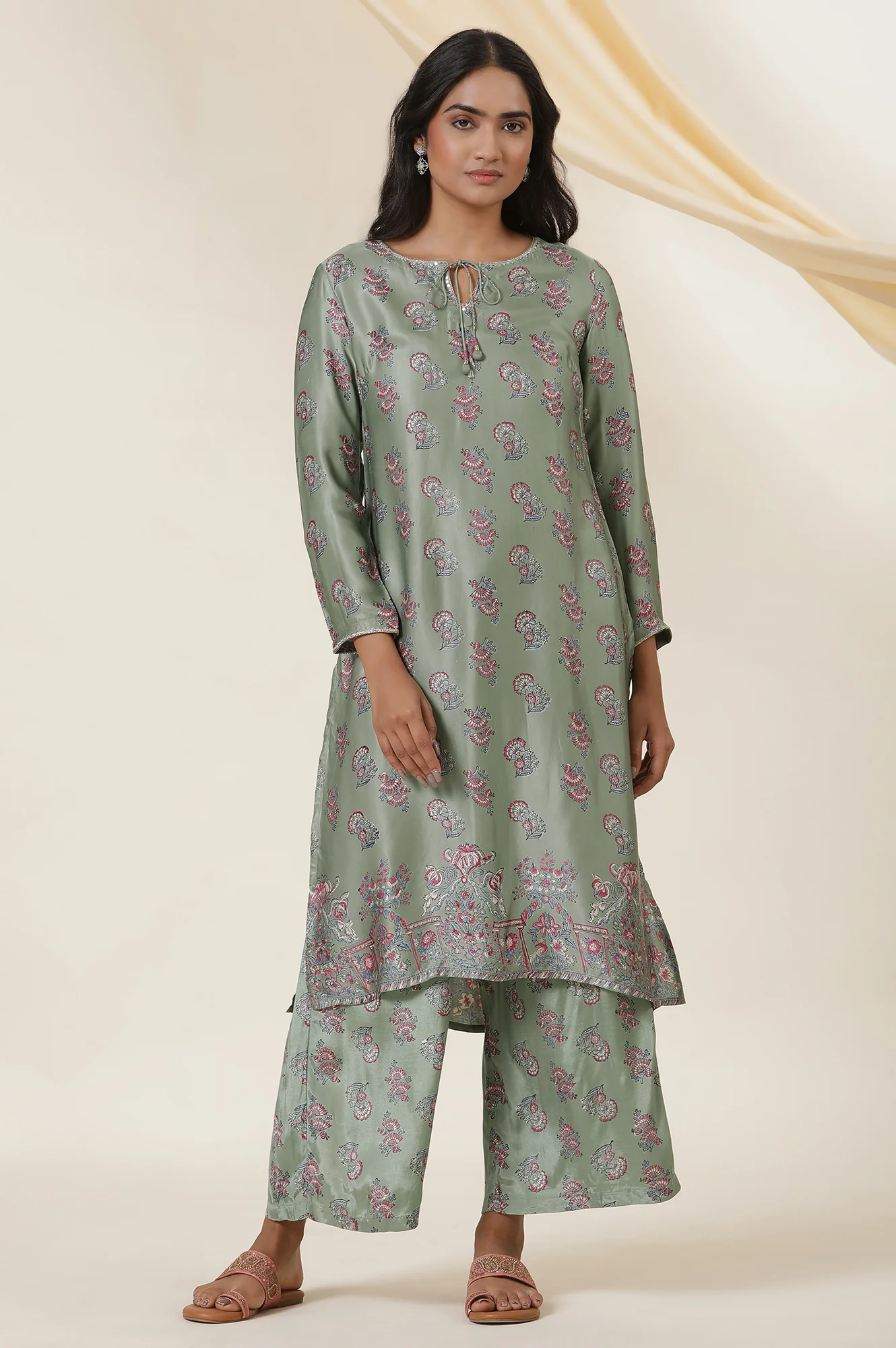 Green Block Printed Kurta In Lustrous Satin - Image 2