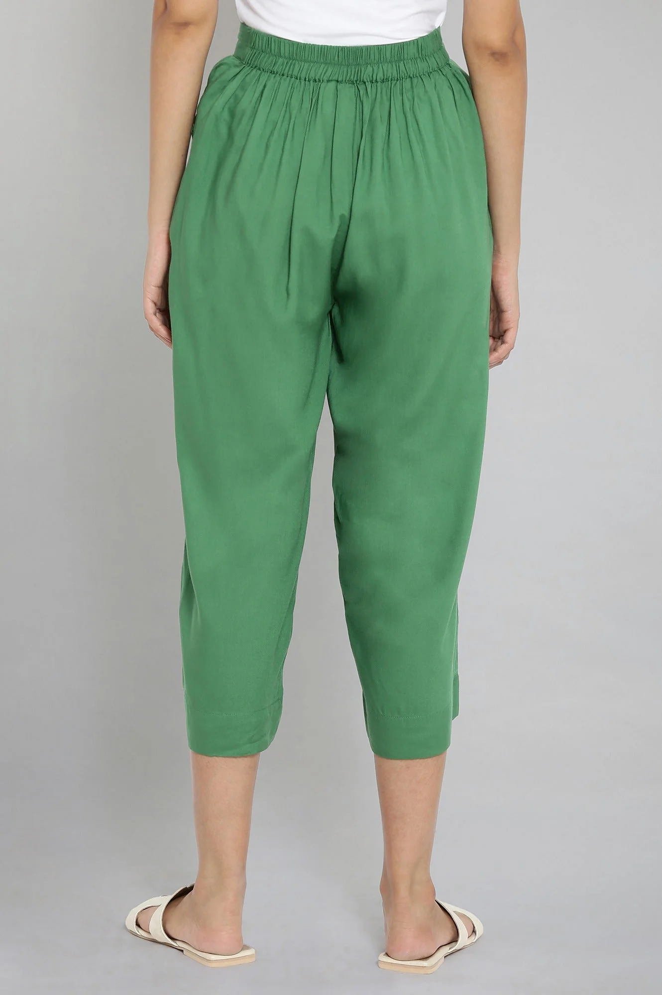 Muted Sage Green Solid Straight Fit Cotton Culottes With Elasticated Waist - Image 2