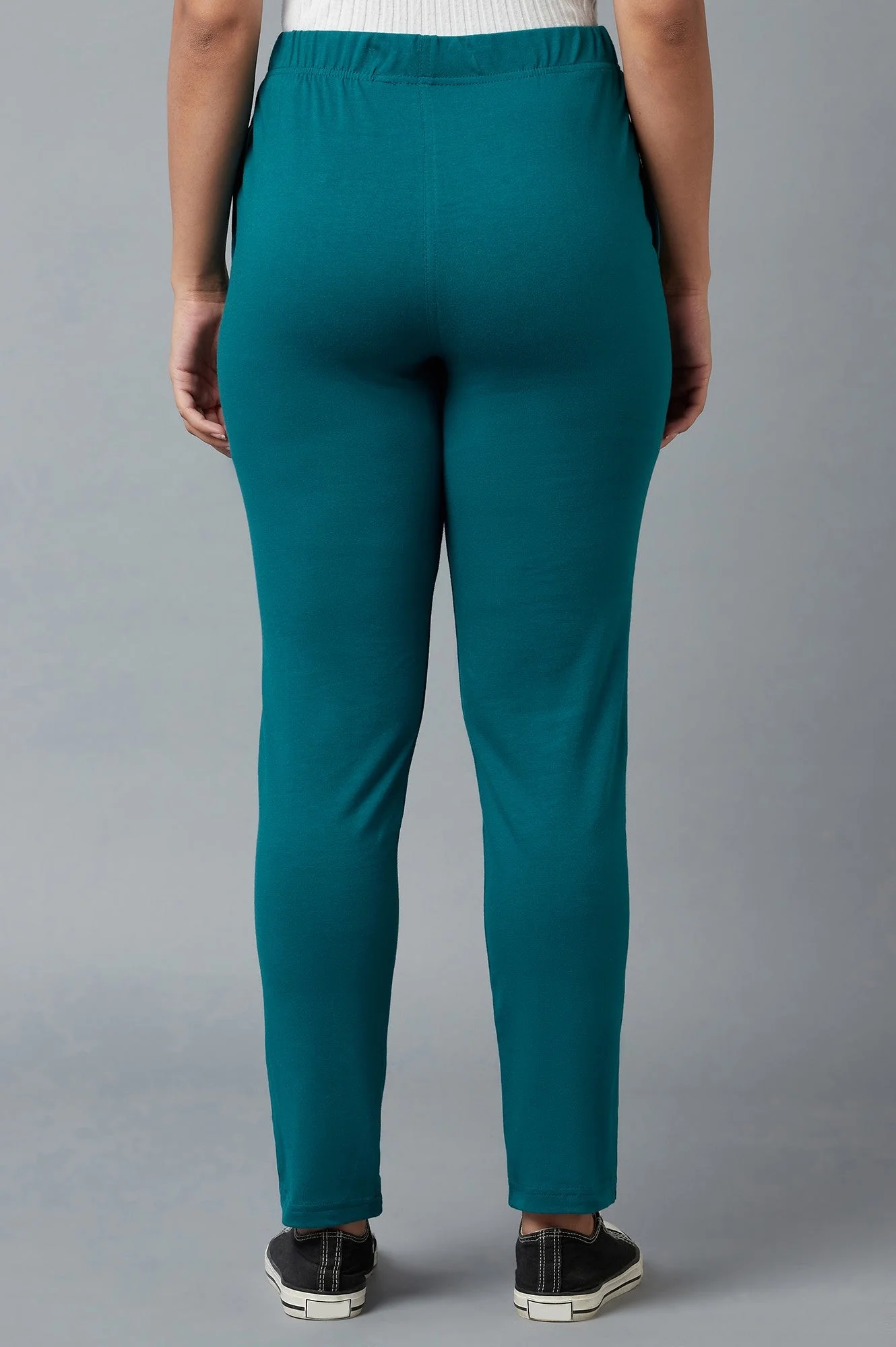 Teal Green Solid Regular Fit Cotton Pants with Elasticated Waist - Image 2