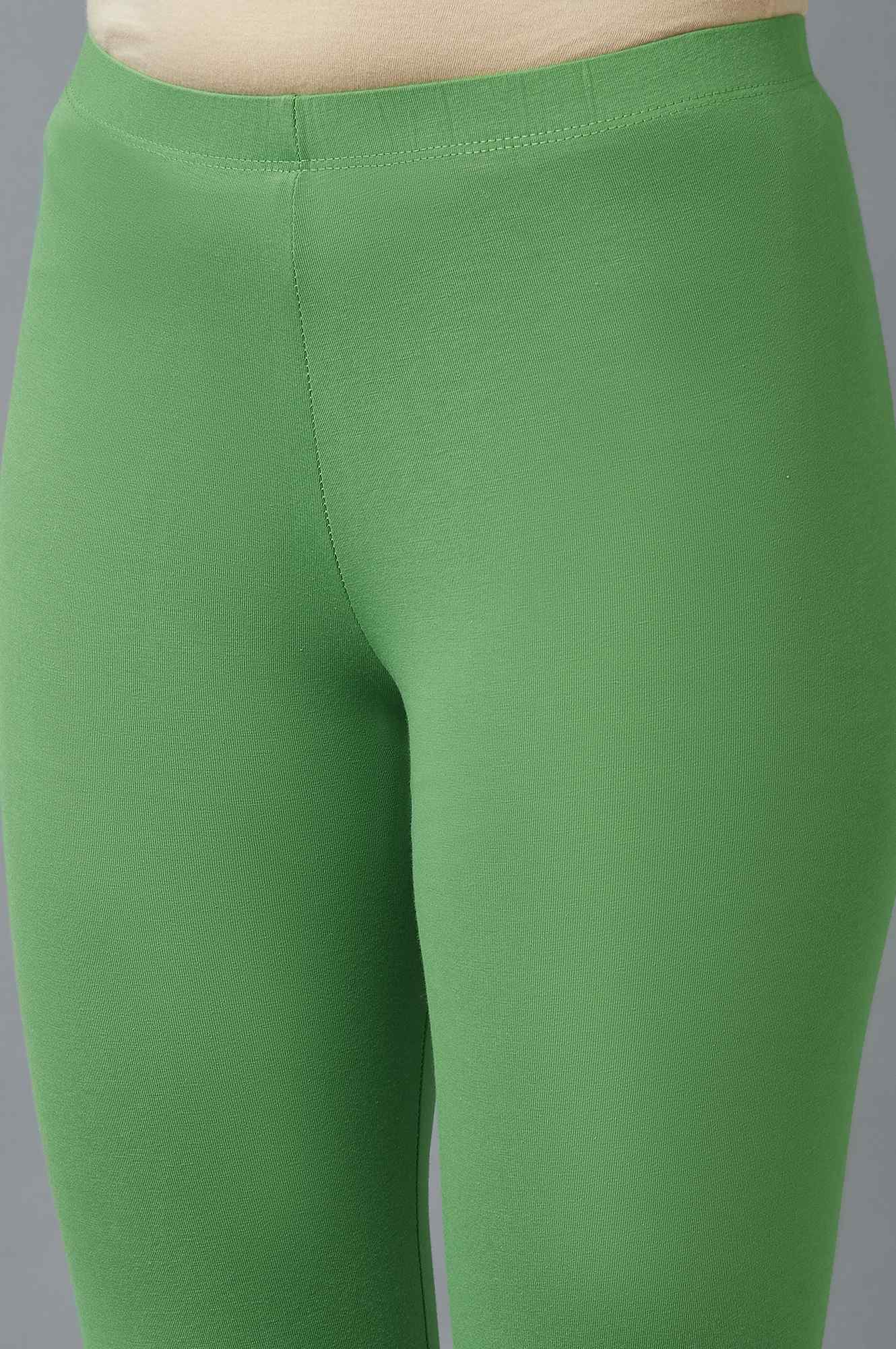 Green Solid Skinny Fit Cotton Tights With Elasticated Waist - Image 6