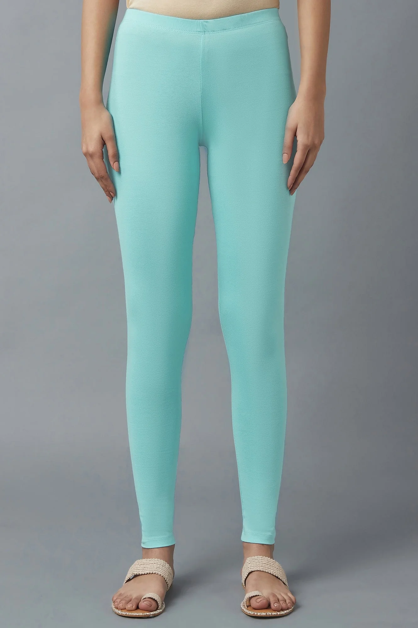 Light Blue Solid Skinny Fit Cotton Tights With Elasticated Waistband