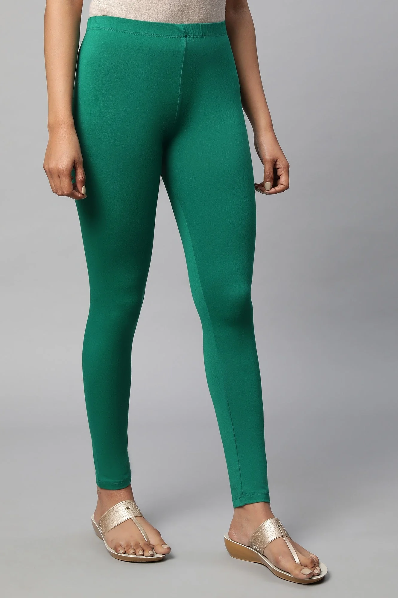Green Solid Skinny Fit Cotton Tights With Elasticated Waist - Image 4