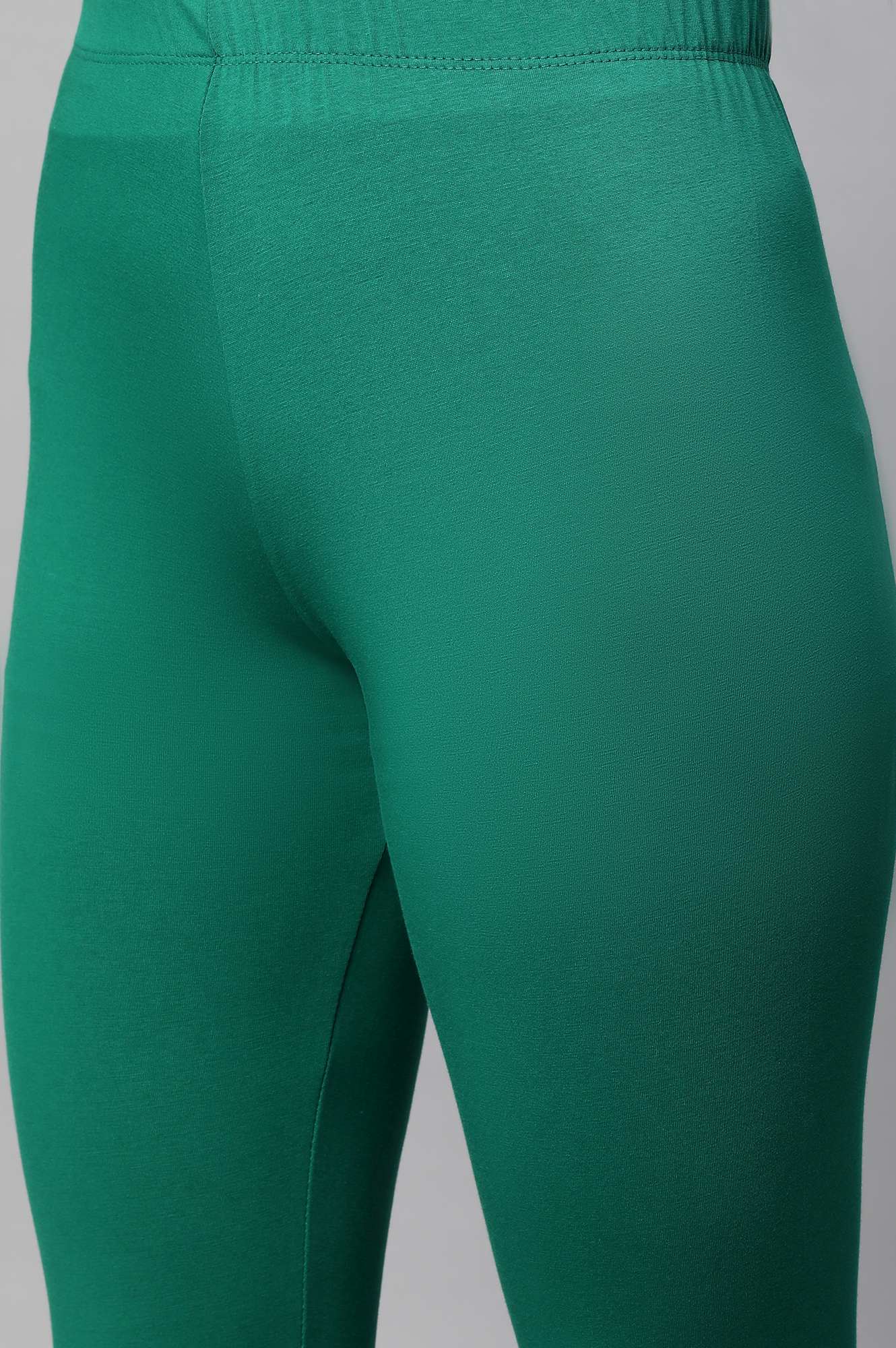 Green Solid Skinny Fit Cotton Tights With Elasticated Waist - Image 6
