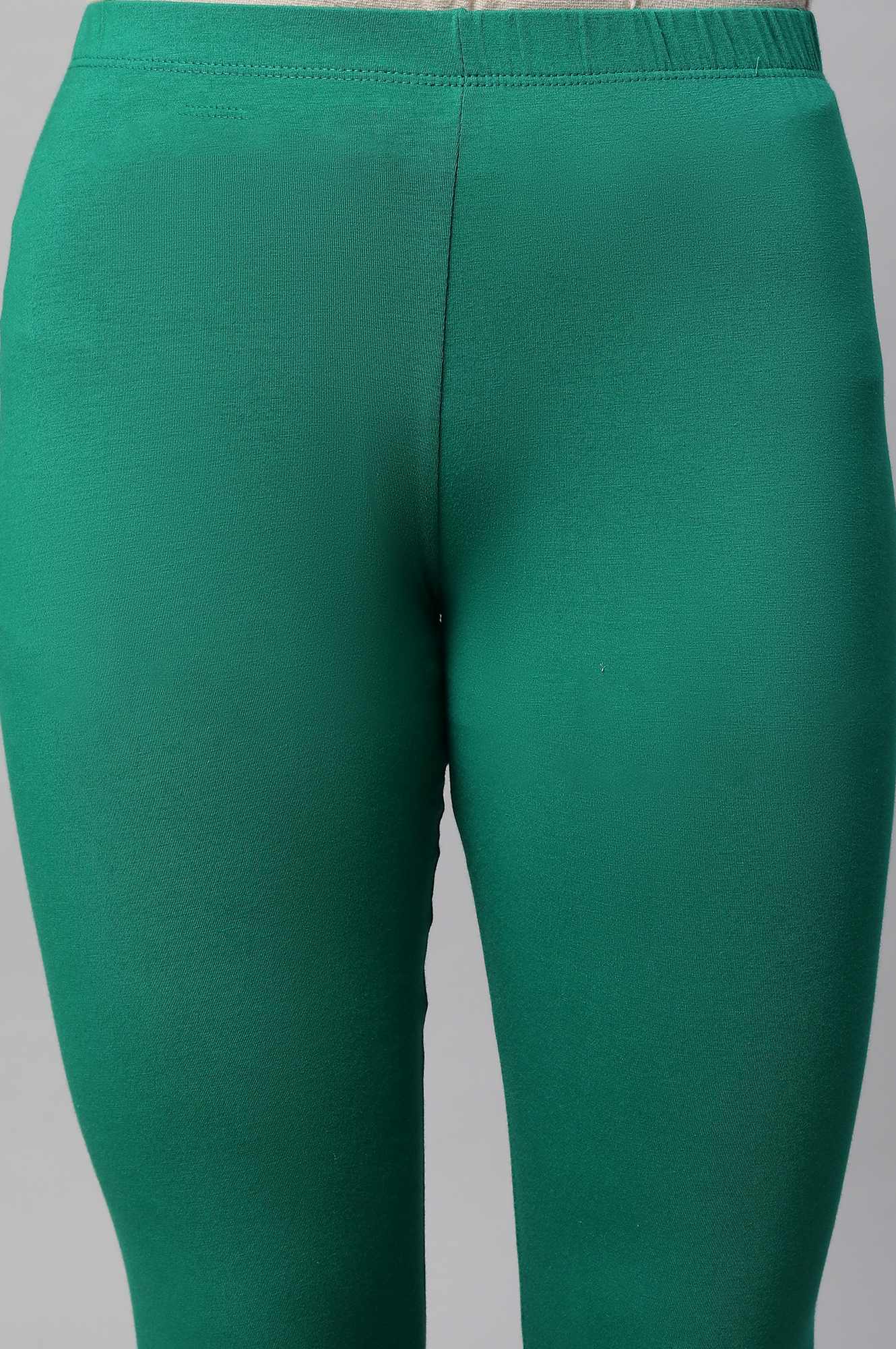 Green Solid Skinny Fit Cotton Tights With Elasticated Waist - Image 7