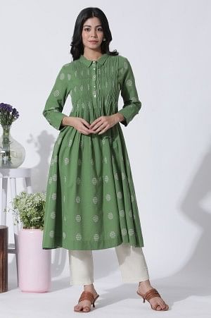 Green Dobby Polka Dot Dress And Pants Set - Image 2