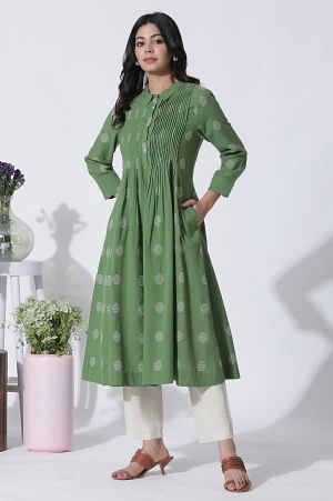 Green Dobby Polka Dot Dress And Pants Set - Image 3