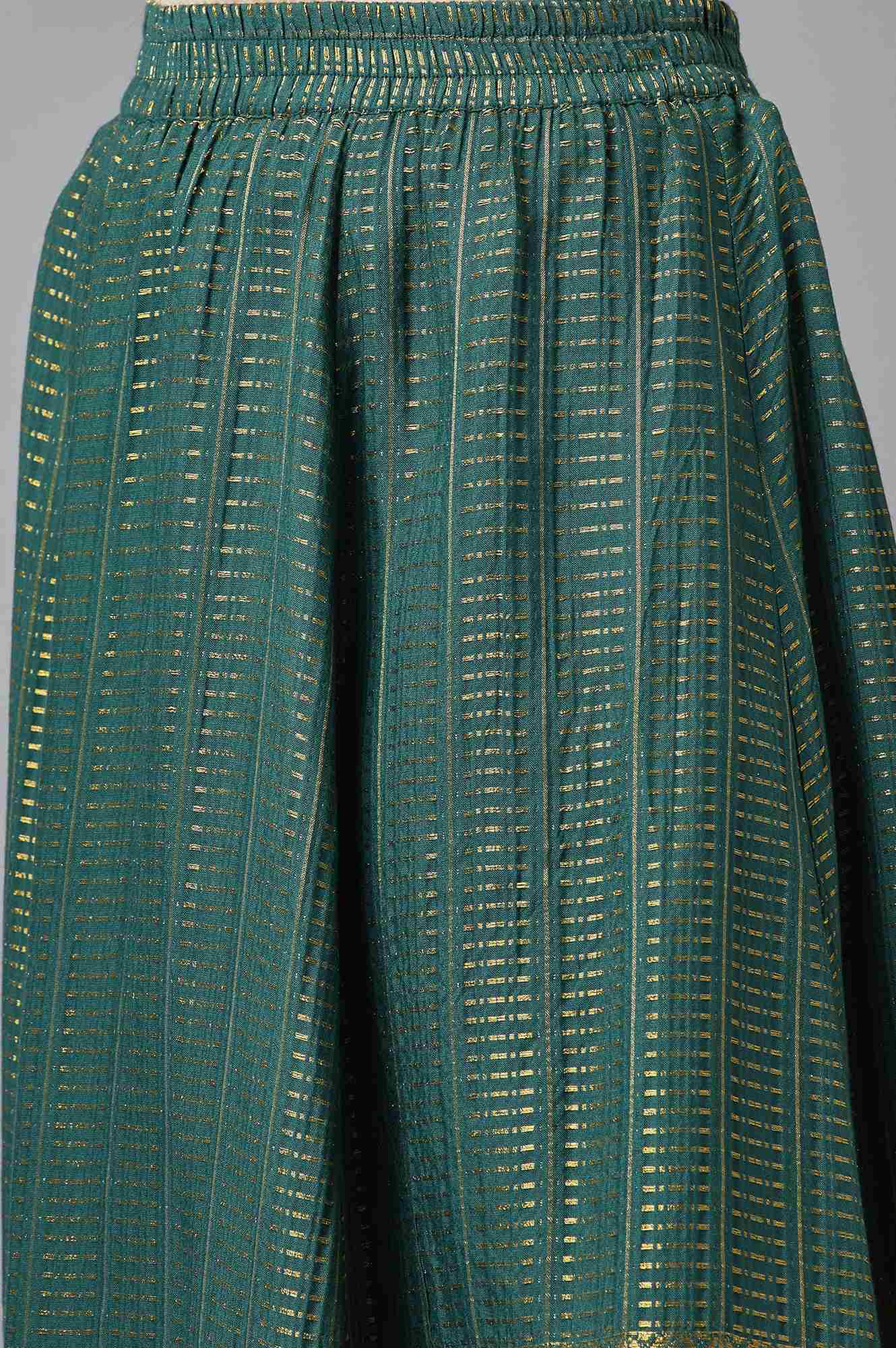 Green Dobby Printed Flared Silk Skirt With Elasticated Waist - Image 6