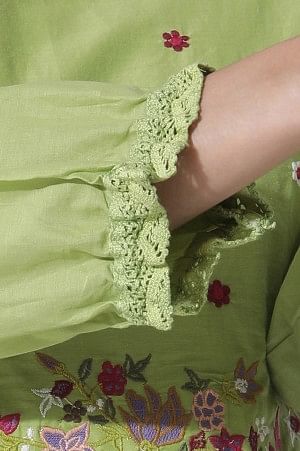 Green Embroidered A-Line Cotton Kurta And Tights Set - Image 7