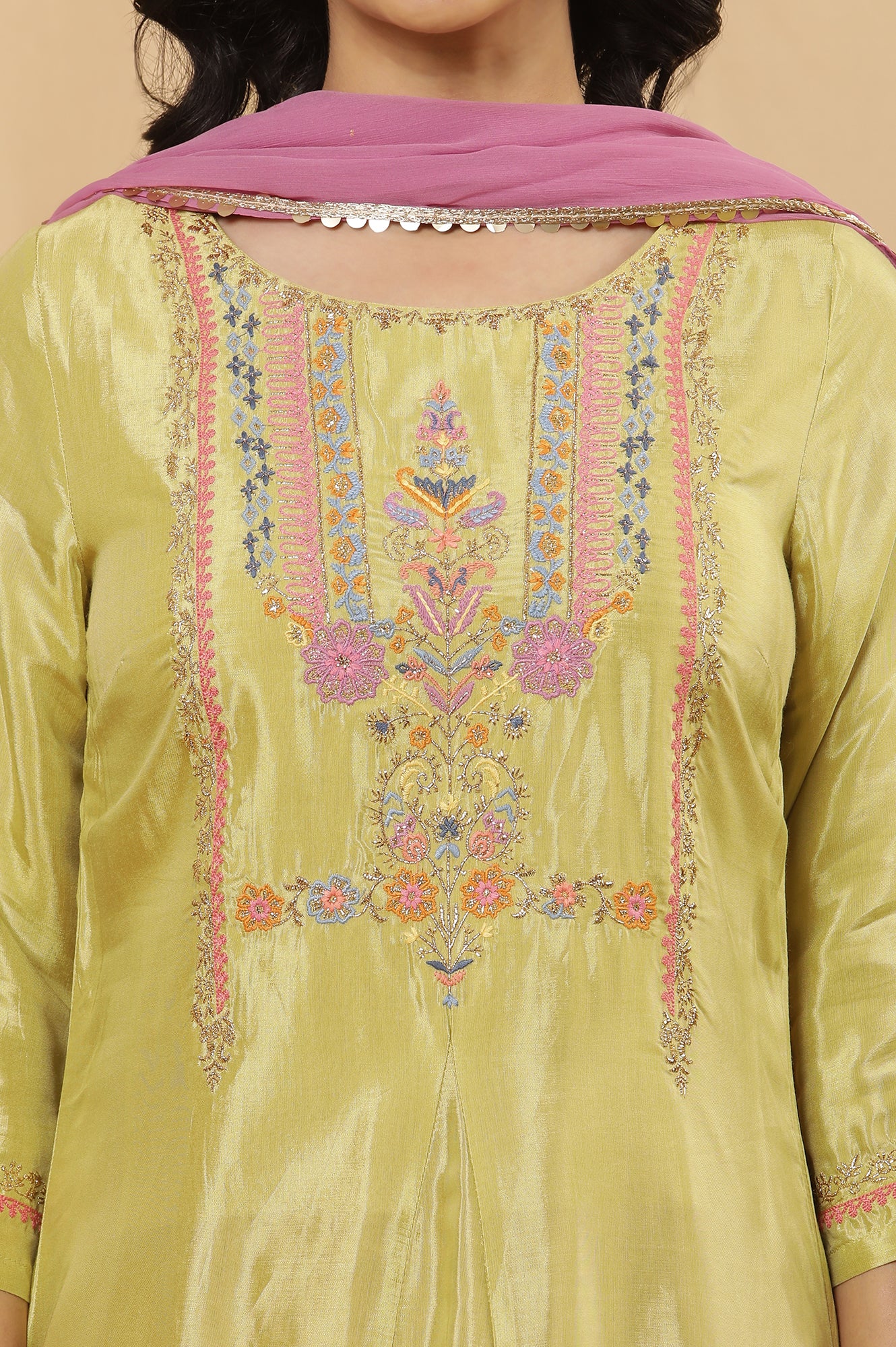 Green Embroidered A-Line Kurta, Tights And Dupatta Set - Image 6