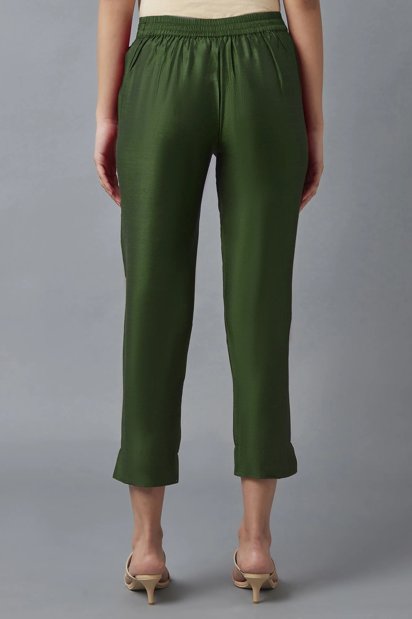 Muted Sage Green Solid Straight Fit Woven Trousers With Elasticated Waistband - Image 2