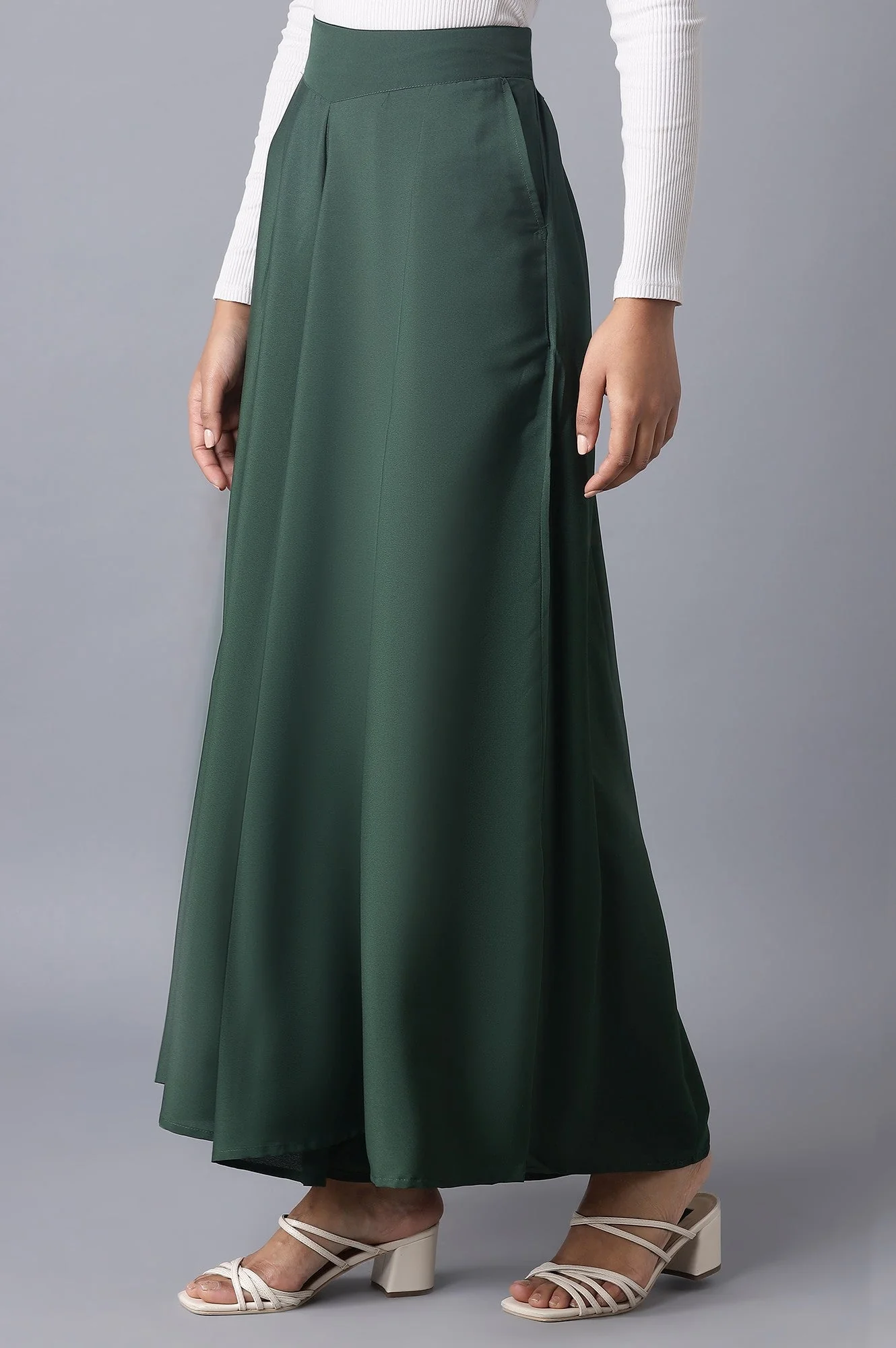 Muted Sage Green Solid Flared Woven Palazzo With Elasticated Waistband - Image 3