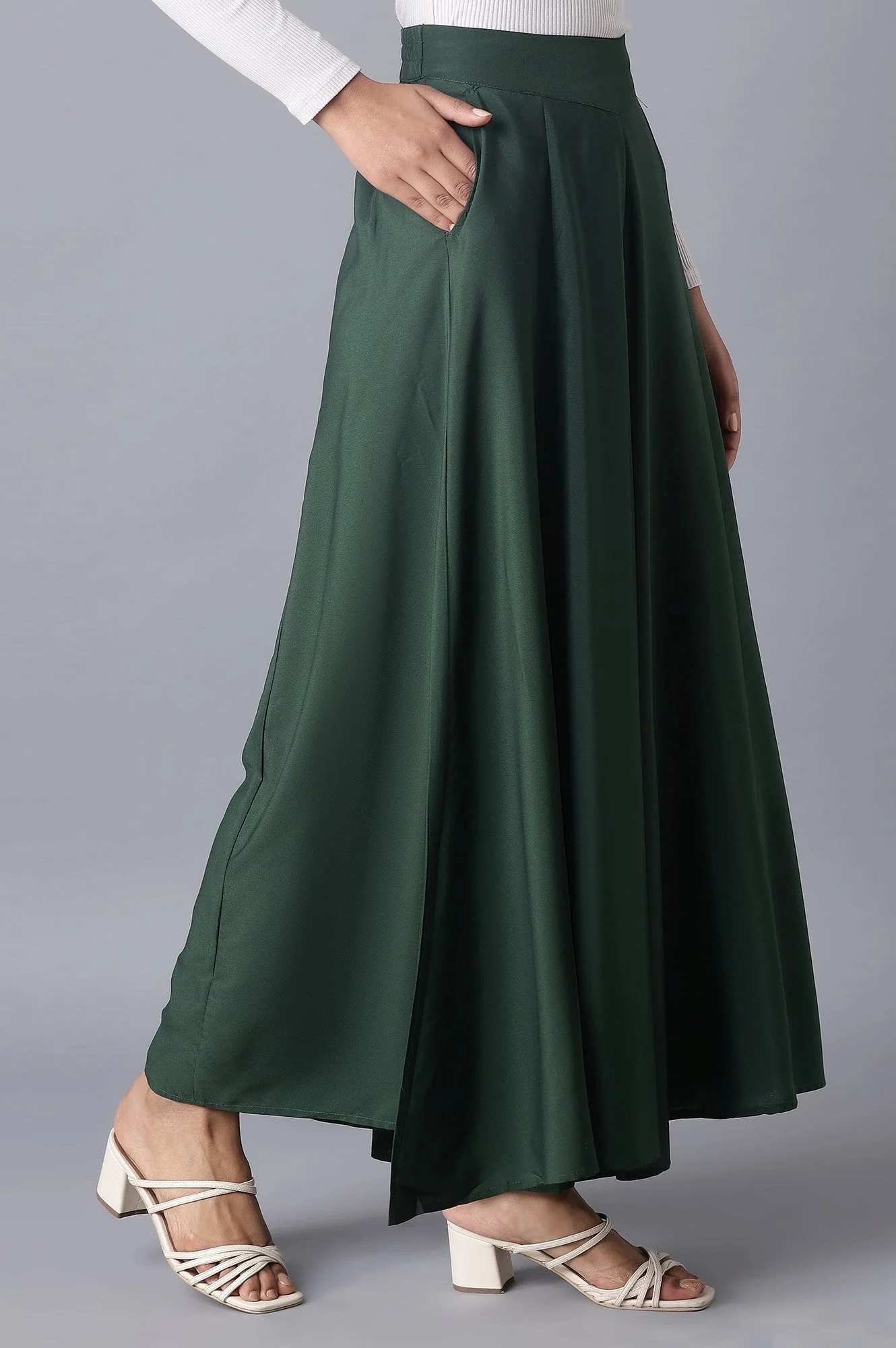 Muted Sage Green Solid Flared Woven Palazzo With Elasticated Waistband - Image 4