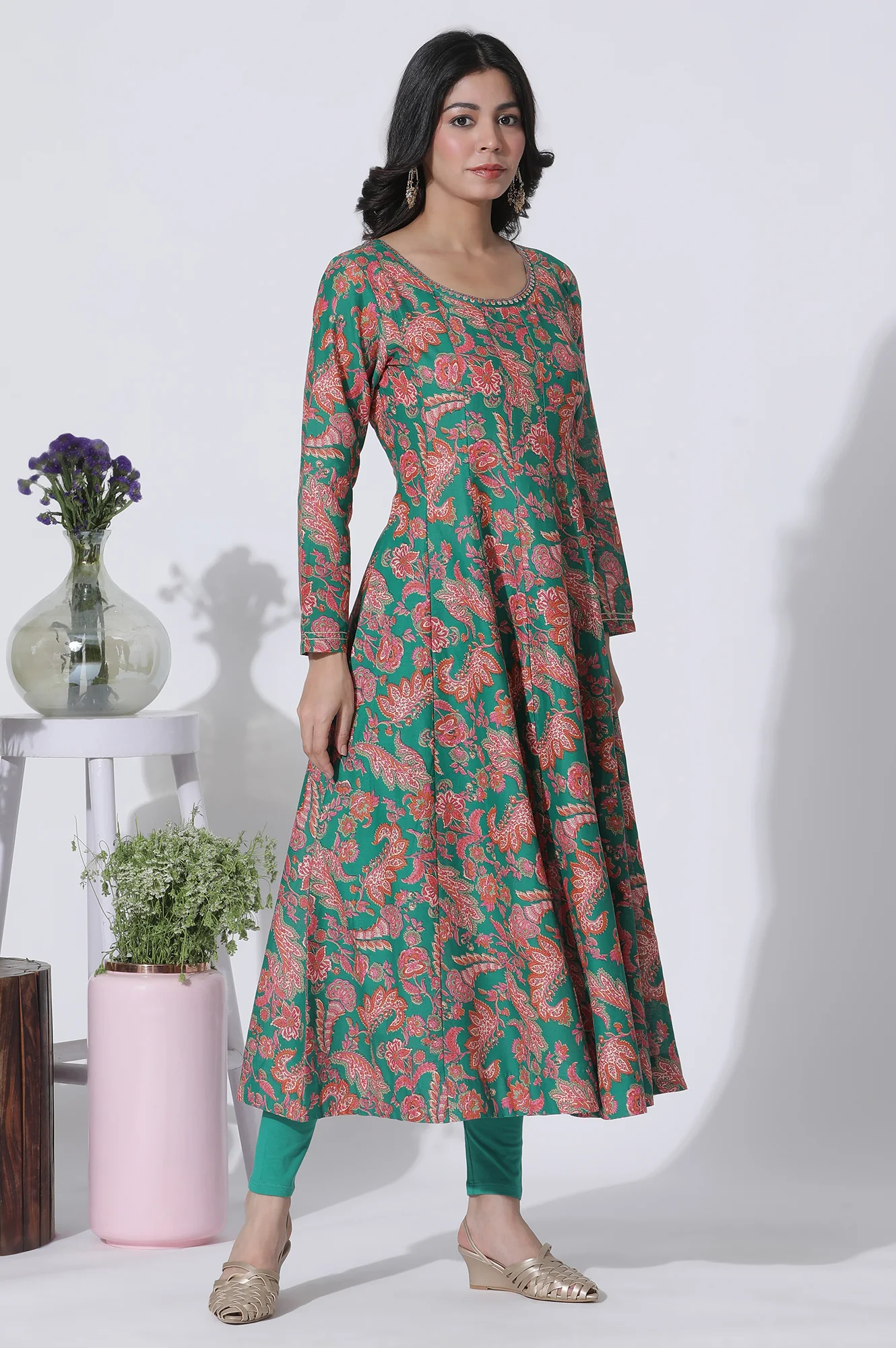 Green Floral Printed Anarkali Kurta, Tights And Dupatta Set - Image 5