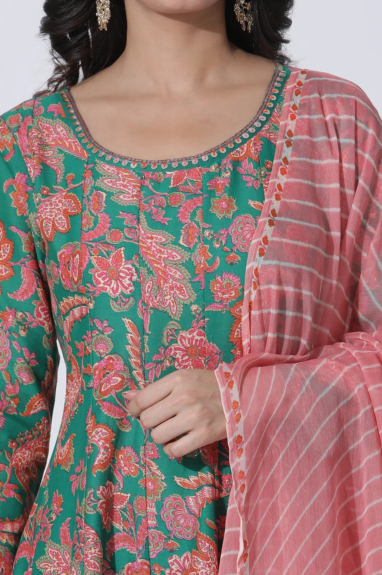 Green Floral Printed Anarkali Kurta, Tights And Dupatta Set - Image 6