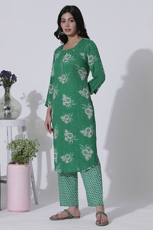 Green Floral Printed Straight Kurta, Pants With Dupatta Set - Image 3