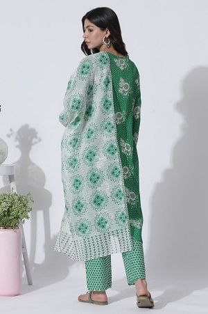 Green Floral Printed Straight Kurta, Pants With Dupatta Set - Image 4