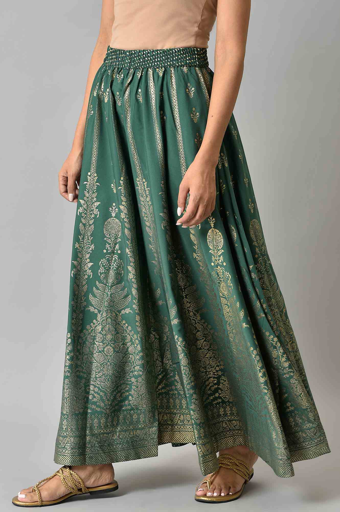 Green Floral Printed Flared Woven Skirt With Elasticated Waist - Image 3
