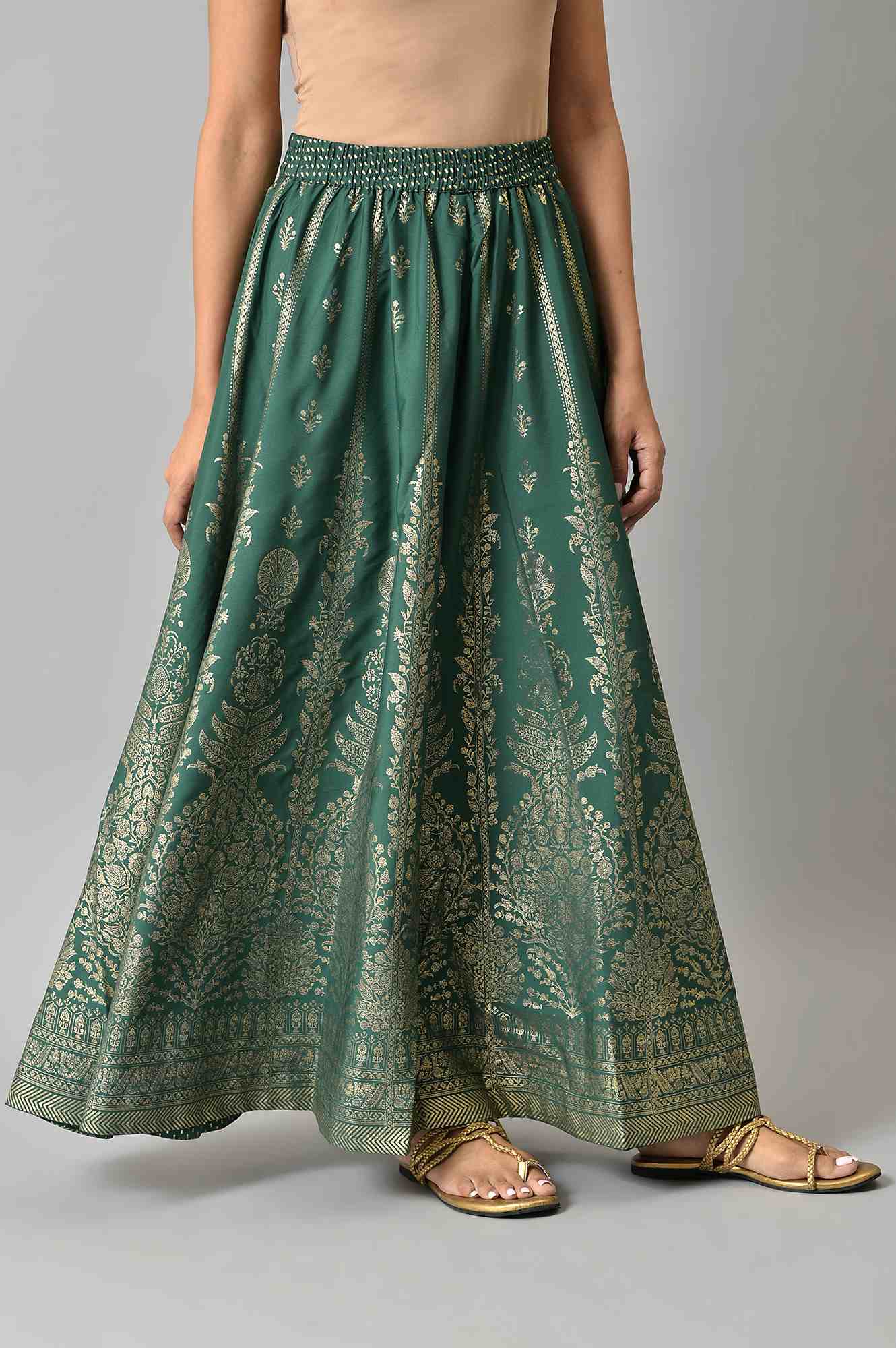 Green Floral Printed Flared Woven Skirt With Elasticated Waist - Image 4