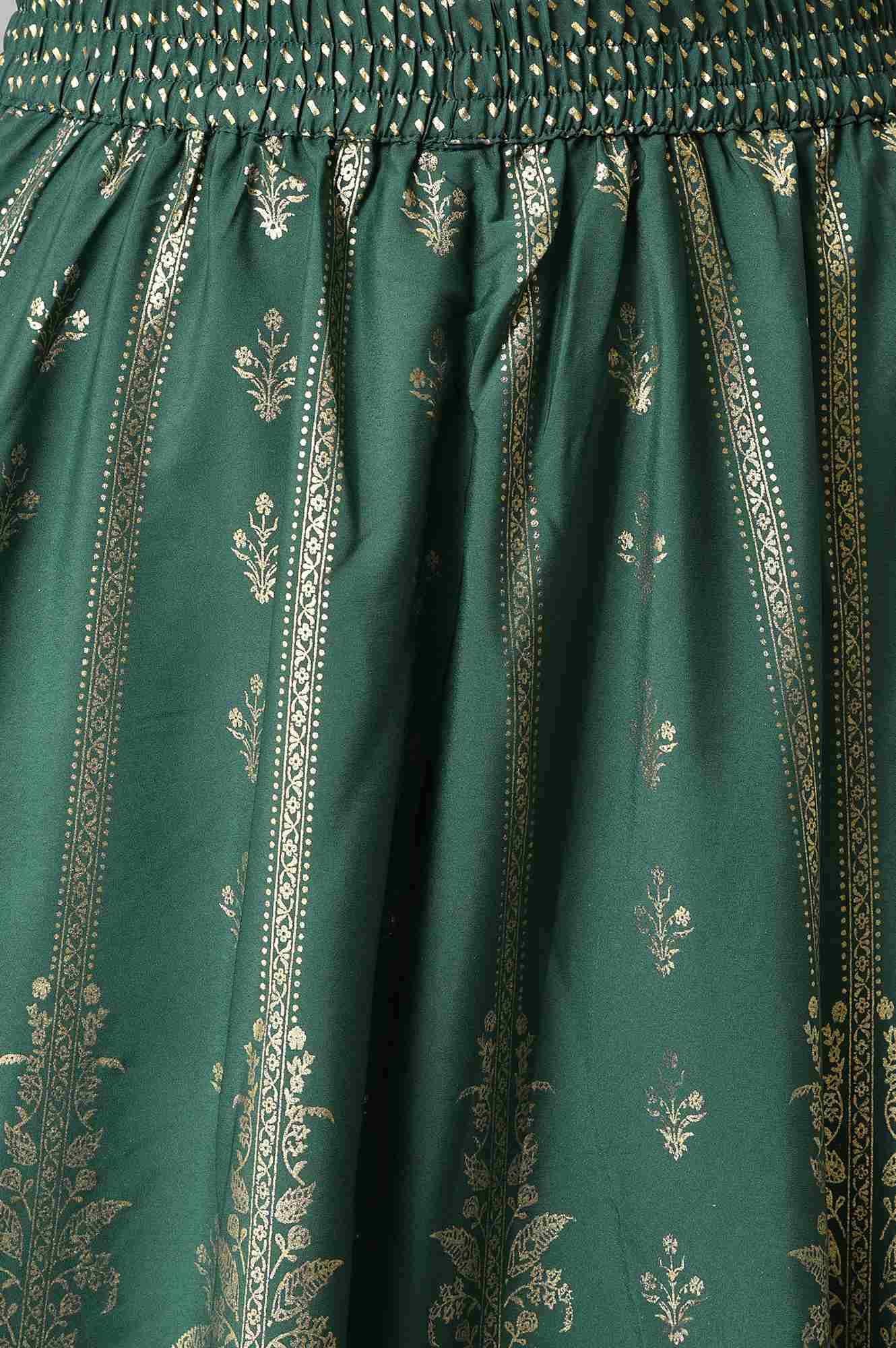 Green Floral Printed Flared Woven Skirt With Elasticated Waist - Image 6