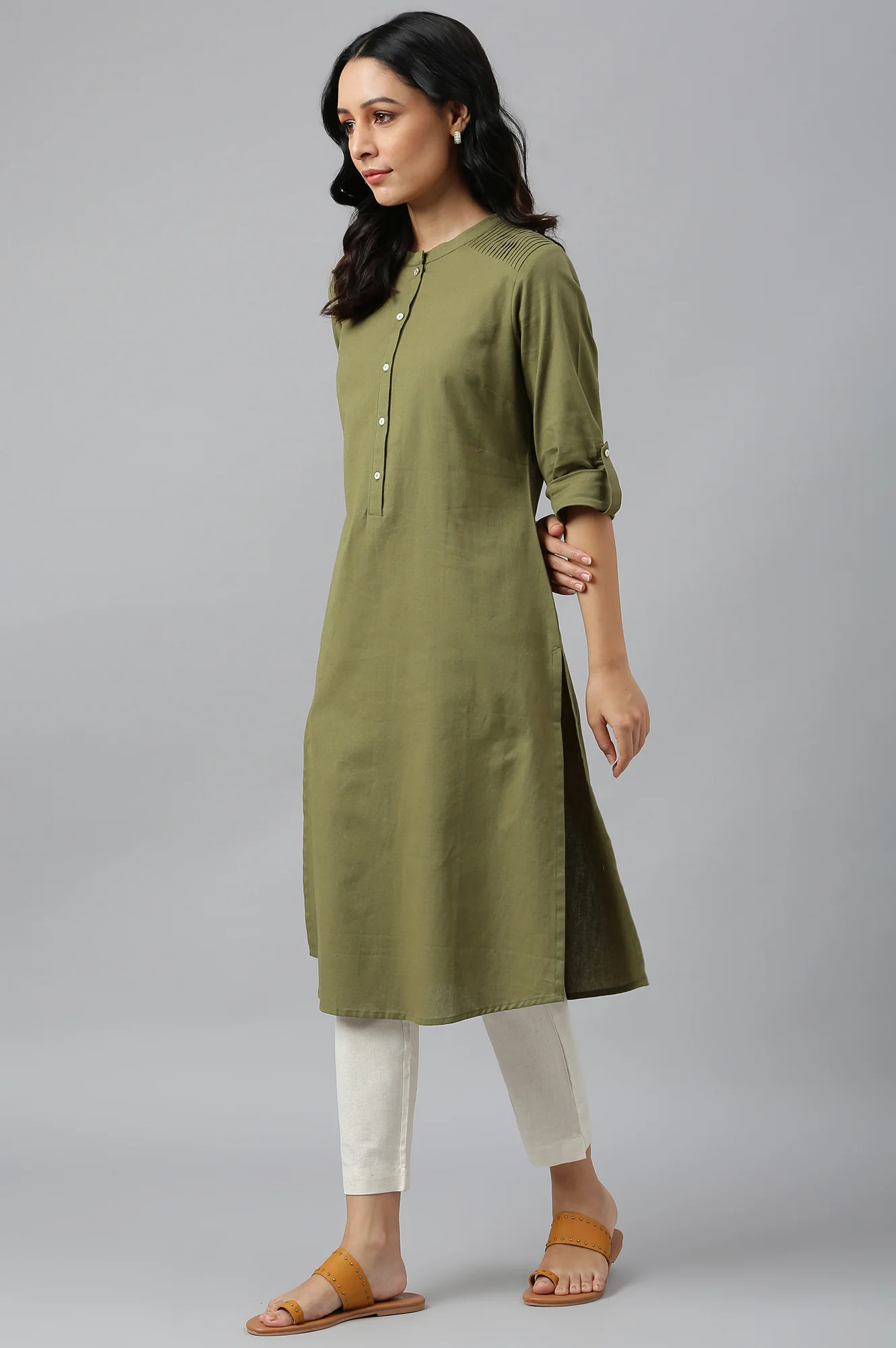 Green Half Placket Shirt kurta - Image 3