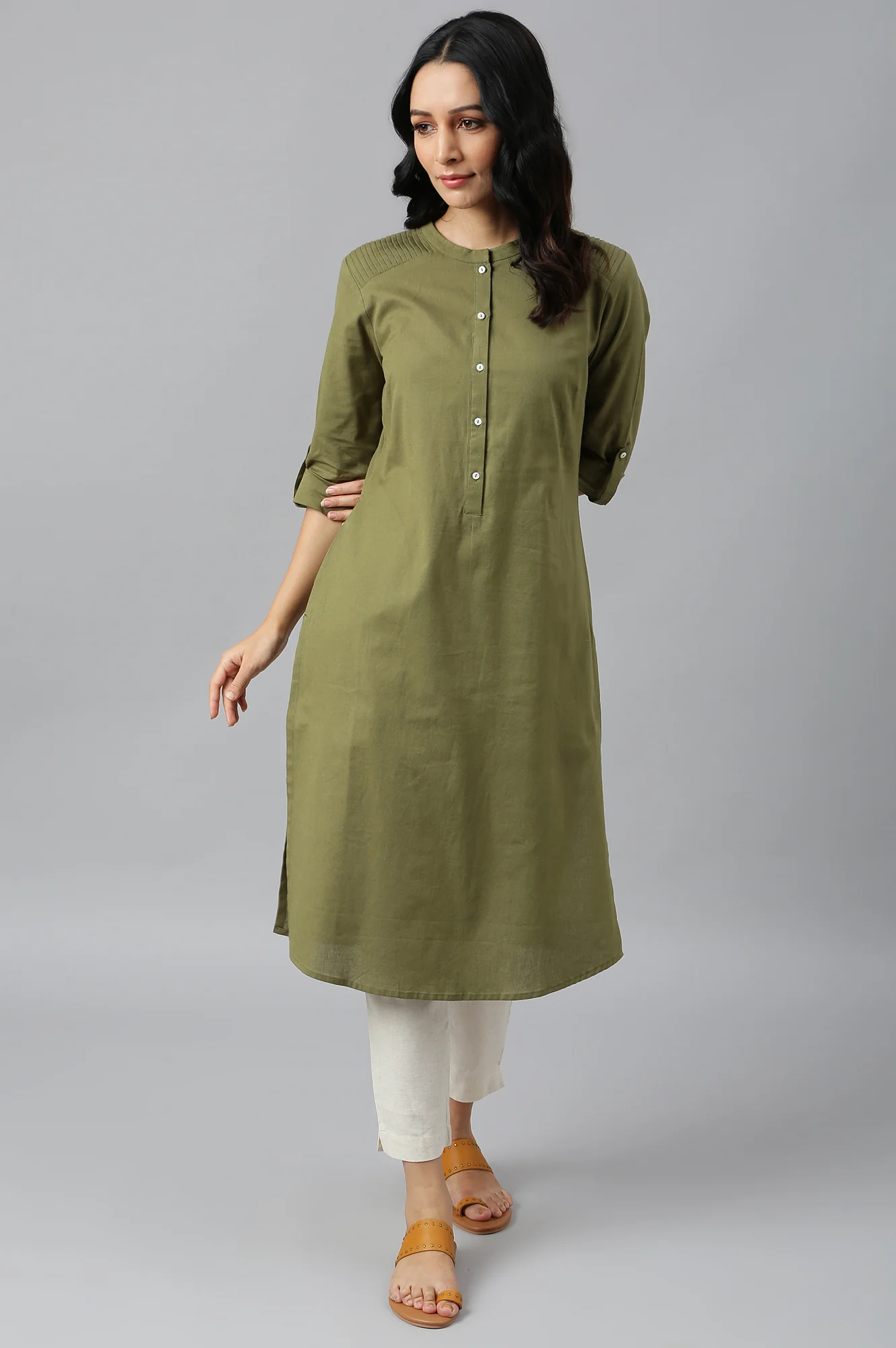 Green Half Placket Shirt kurta - Image 5