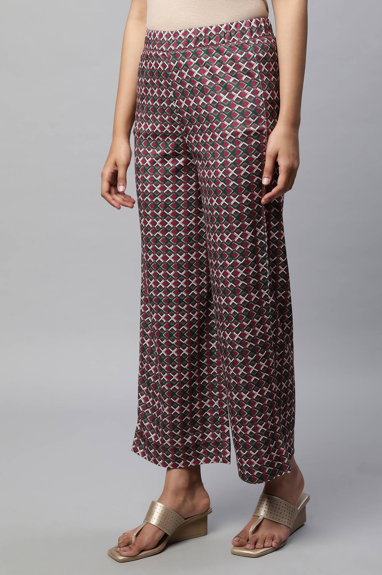 Maroon Geometric Printed Wide-leg Knit Palazzo with Elasticated Waist - Image 3
