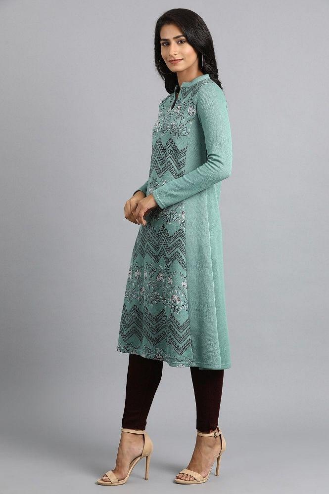 Green Mandarin Neck Winter kurta - Image 3