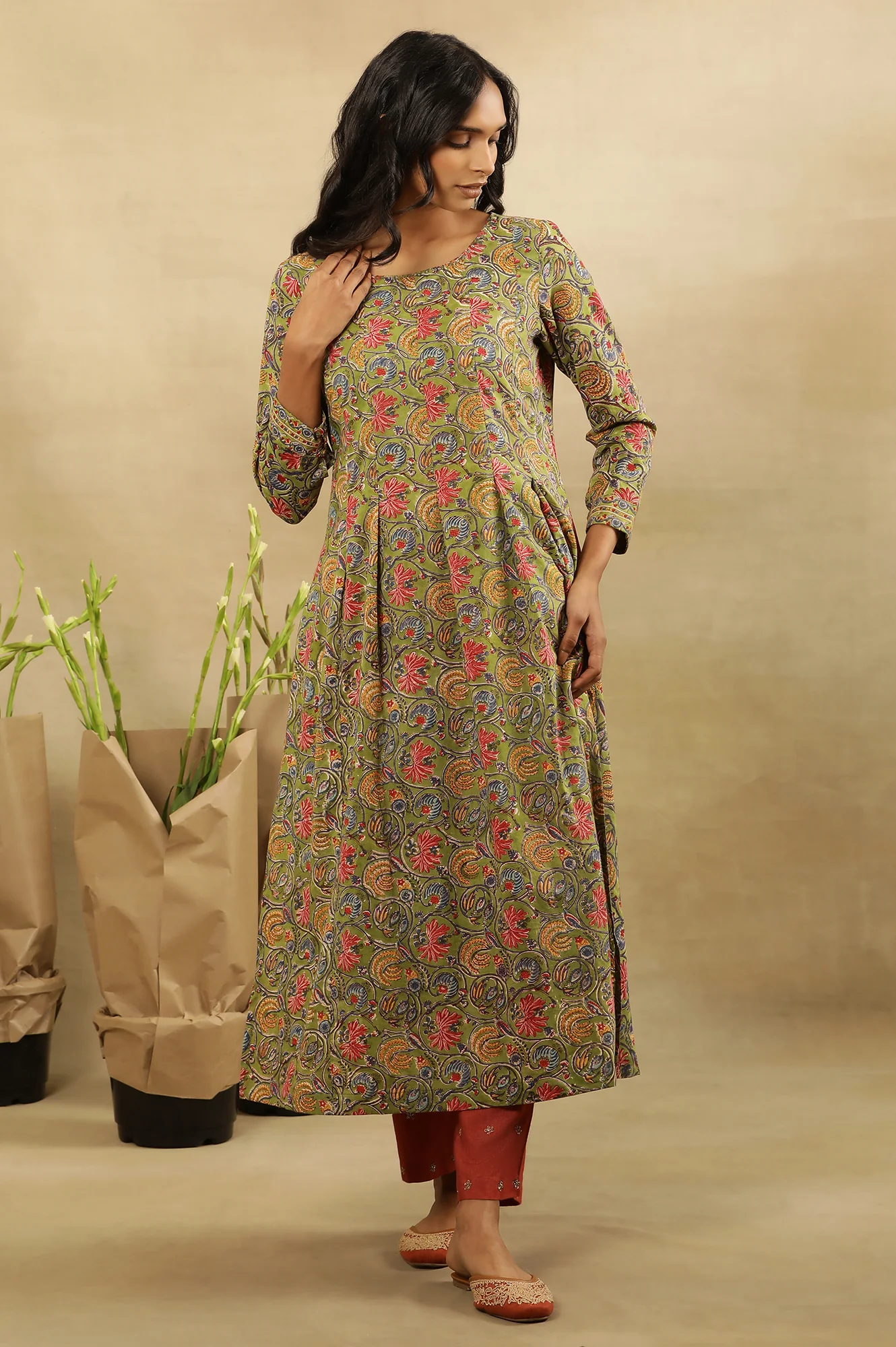 Green Multicolored Hand Block Print Pleated Kurta