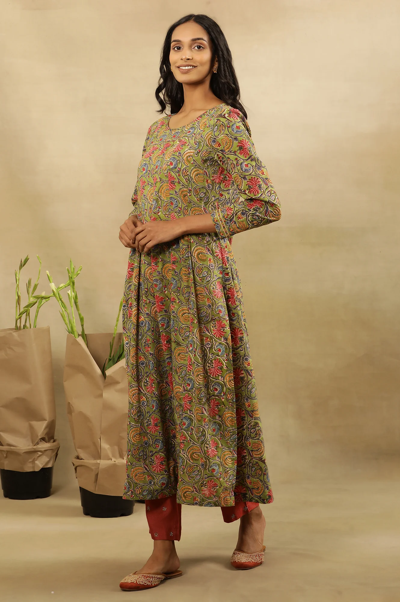 Green Multicolored Hand Block Print Pleated Kurta - Image 3