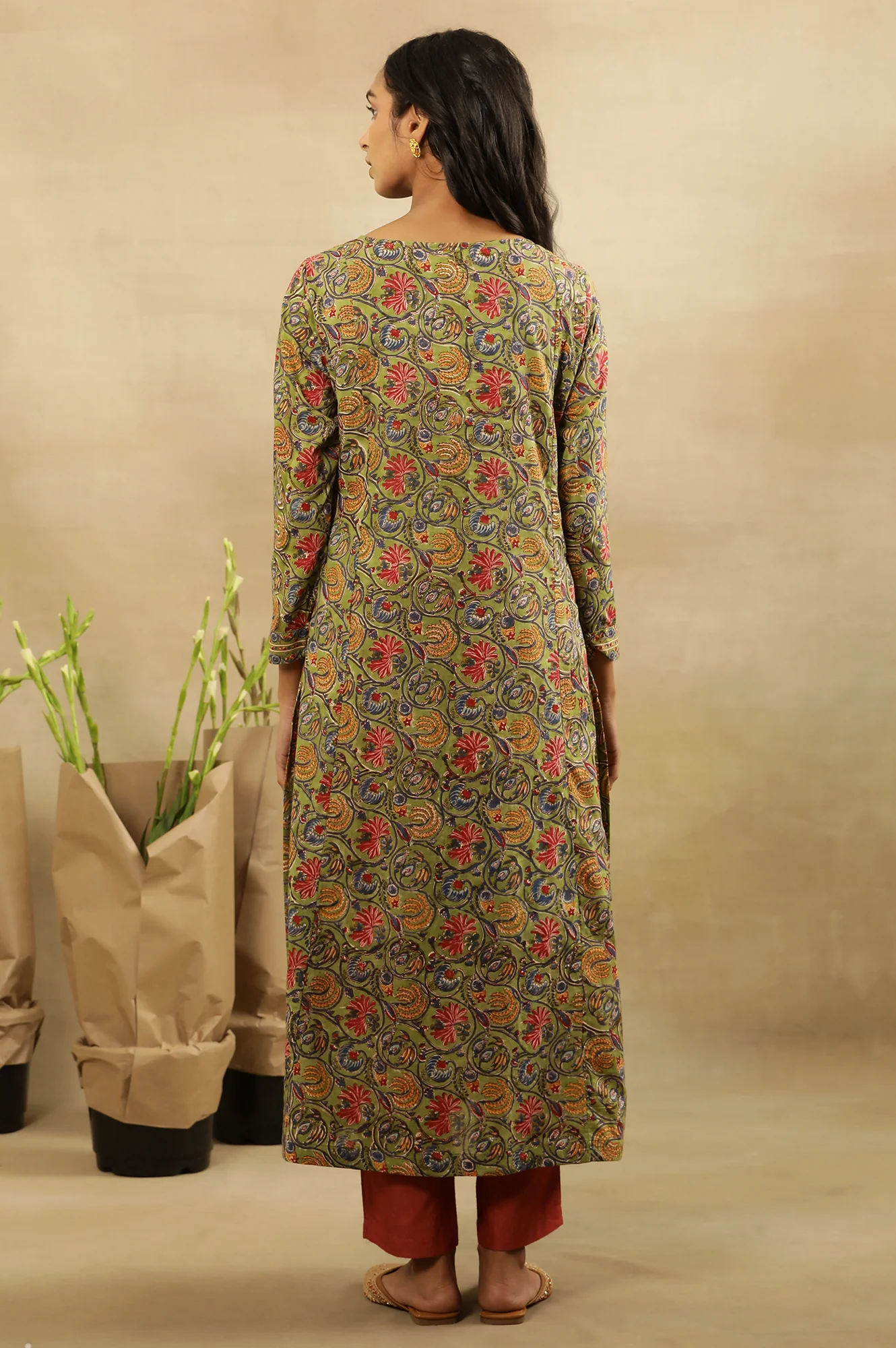 Green Multicolored Hand Block Print Pleated Kurta - Image 4