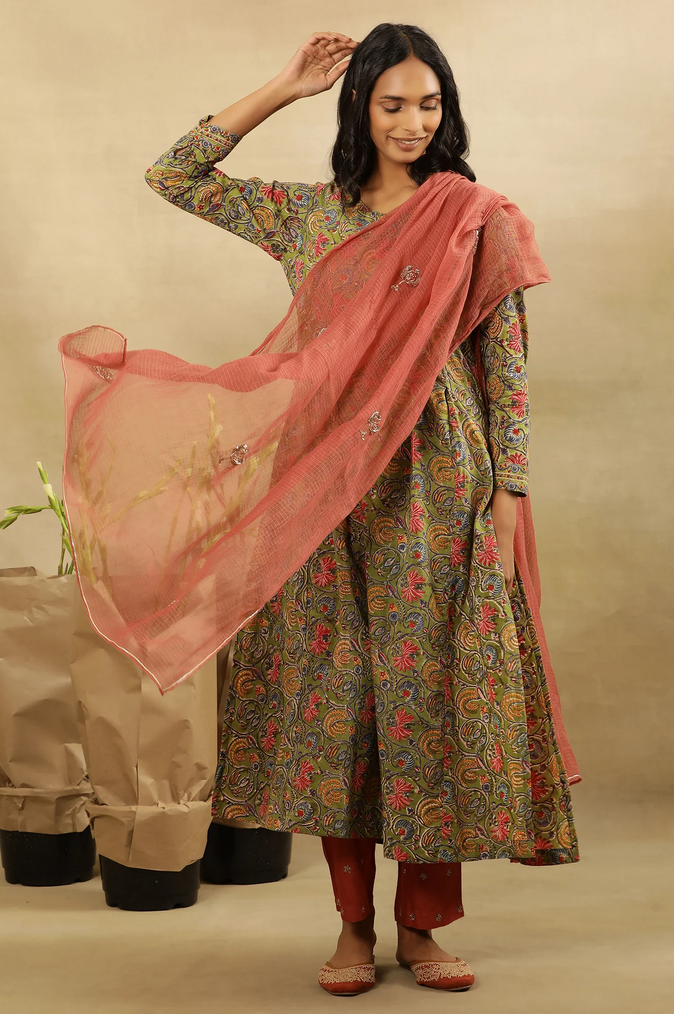 Green Multicolored Hand Block Print Pleated Kurta - Image 6