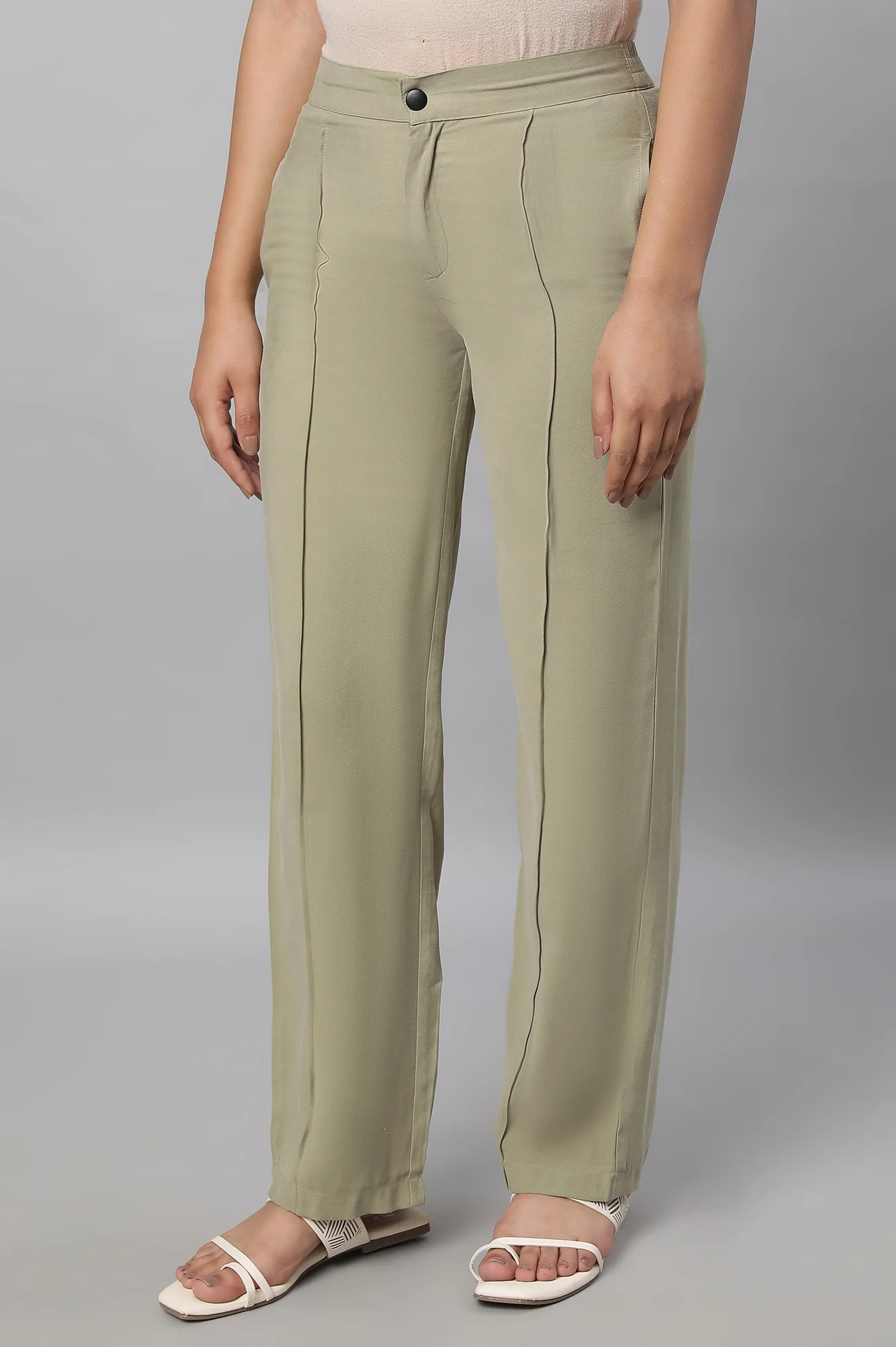 Muted Sage Green Solid Straight Fit Woven Pants With Pintuck Detail - Image 3