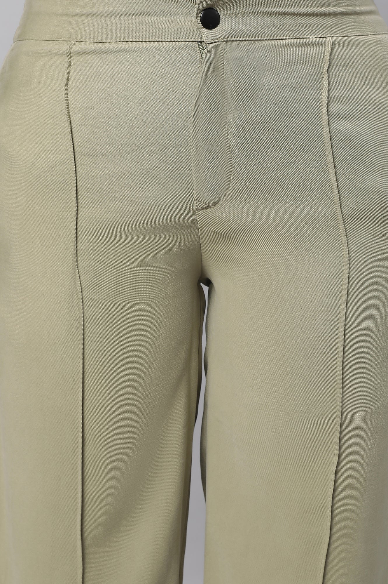 Muted Sage Green Solid Straight Fit Woven Pants With Pintuck Detail - Image 6