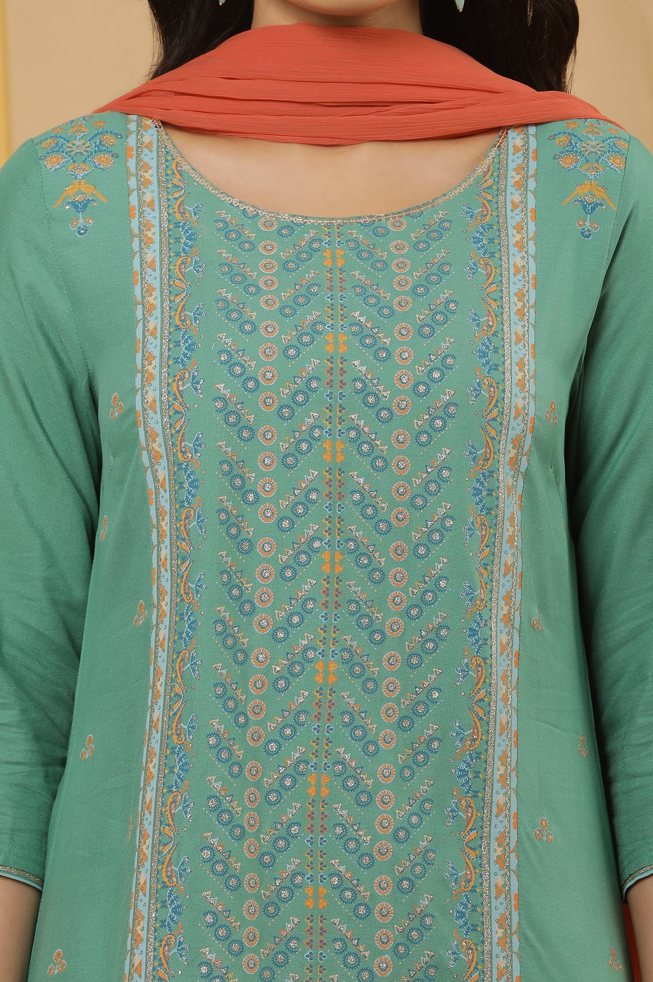 Green Placement Print Kurta, Tights And Dupatta Set - Image 6