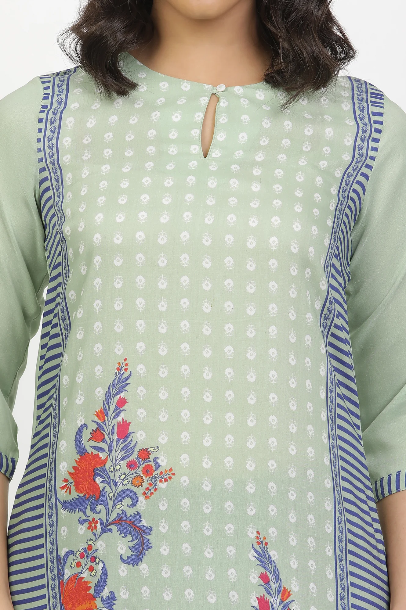 Green Print Mix Kurta And Tights Set - Image 6