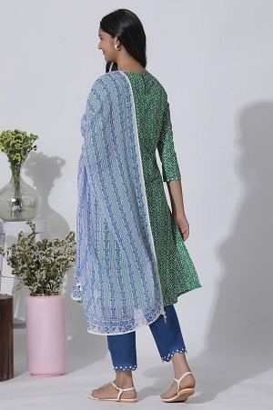 Green Printed A-Line Cotton Kurta, Pants With Dupatta Set - Image 2