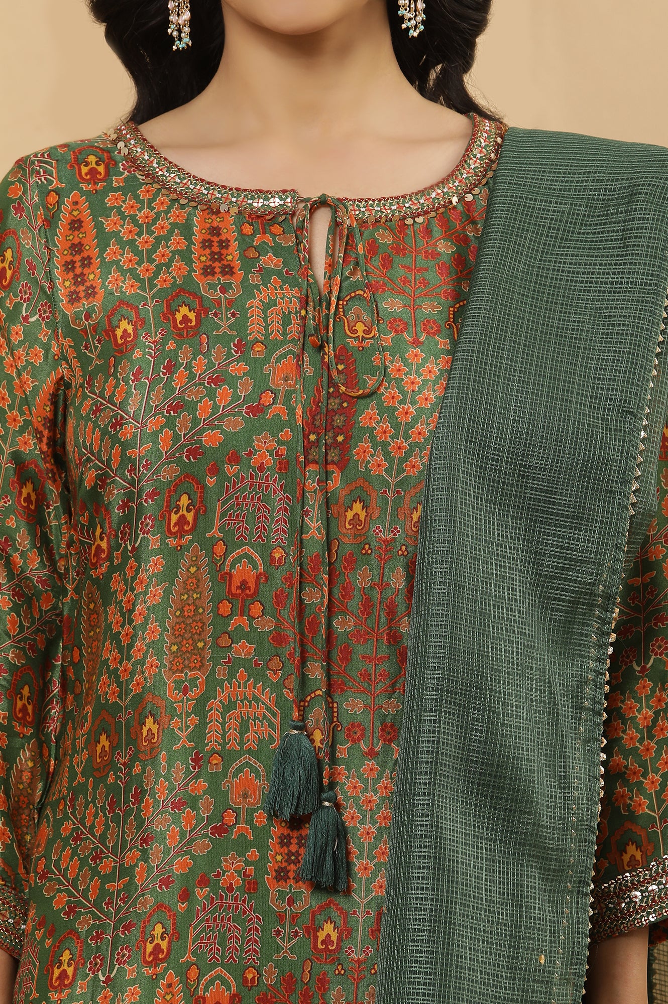 Green Printed Festive Kurta, Salwar Pants And Dupatta Set - Image 6